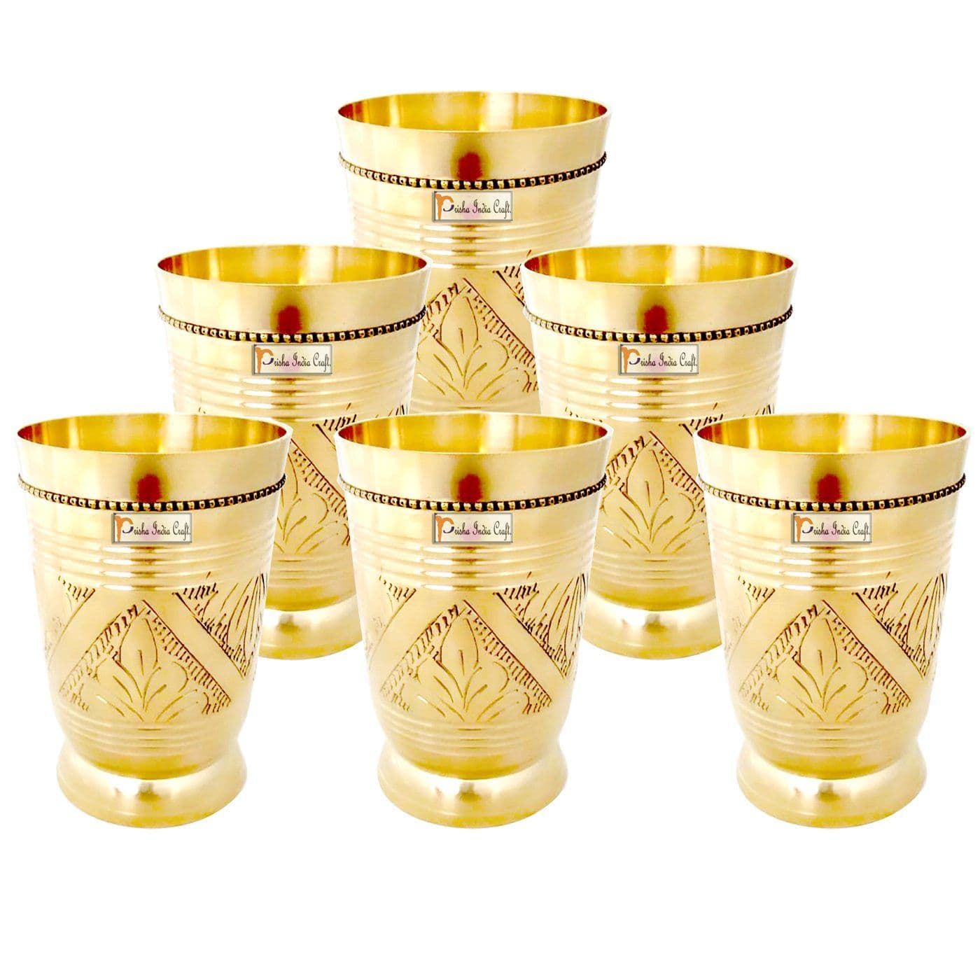 Prisha India Craft Pure Brass Mughlai Style Embossed Design Glass Tumbler | Drinkware &amp; Serveware | Capacity 250 ML | Set of 6