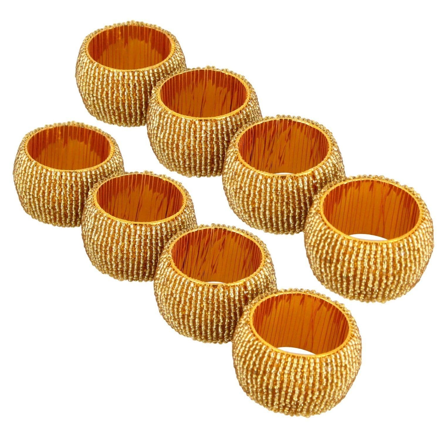 Prisha India Craft ® Beaded Napkin Rings Set of 8 Golden Decorations Christmas Ornaments, Perfect for Dinners, Parties, Weddings - Artisan Crafted in India - Gift Item