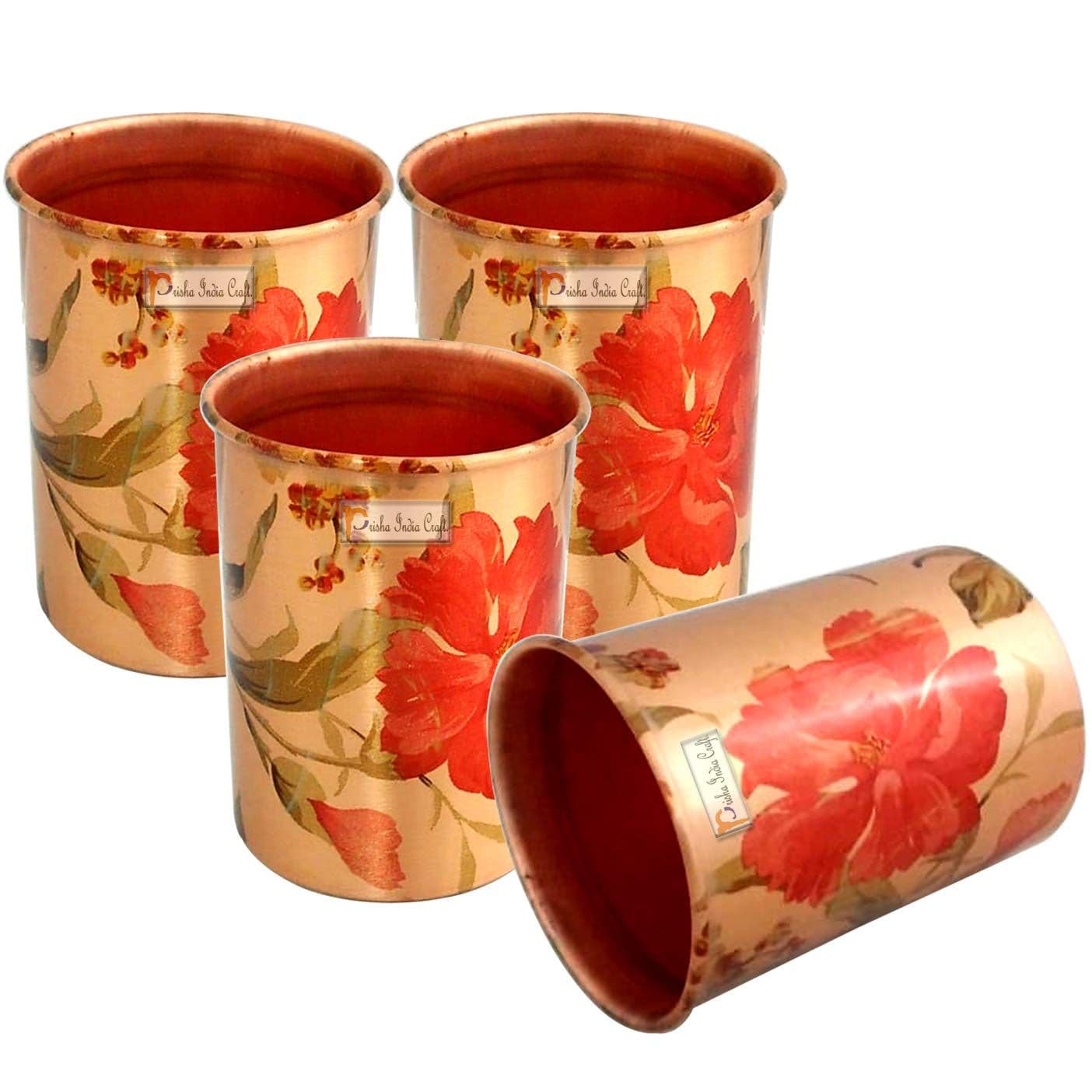 Prisha India Craft Pure Copper Digital Printed Flower Design Glass Tumbler, 300 ML, Set of 4
