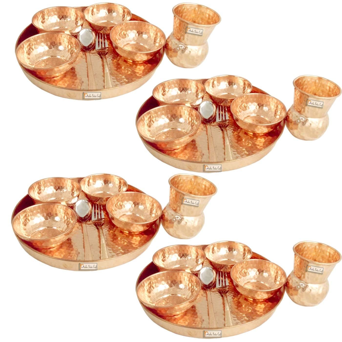 Prisha India Craft Traditional Dinner Set of 4 Dinnerware 100% Pure Copperware Thali Set Diameter 12" (4 Thali, 4 Spoons,4 Fork, 4 Tumblers, 16 Serving Bowls)