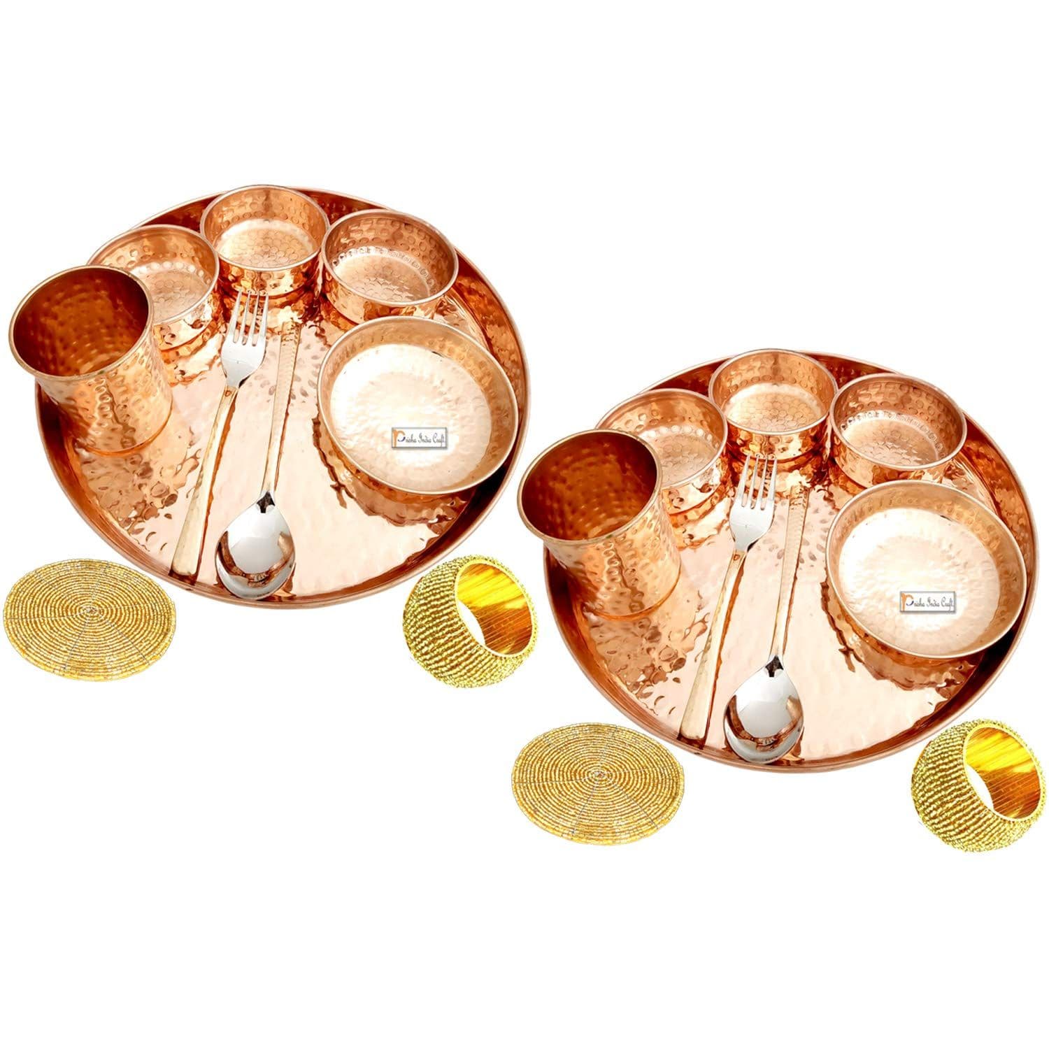 Prisha India Craft Hammered Design, Pure Copper Dinner Thali Set, 16 Pieces, Service for 2
