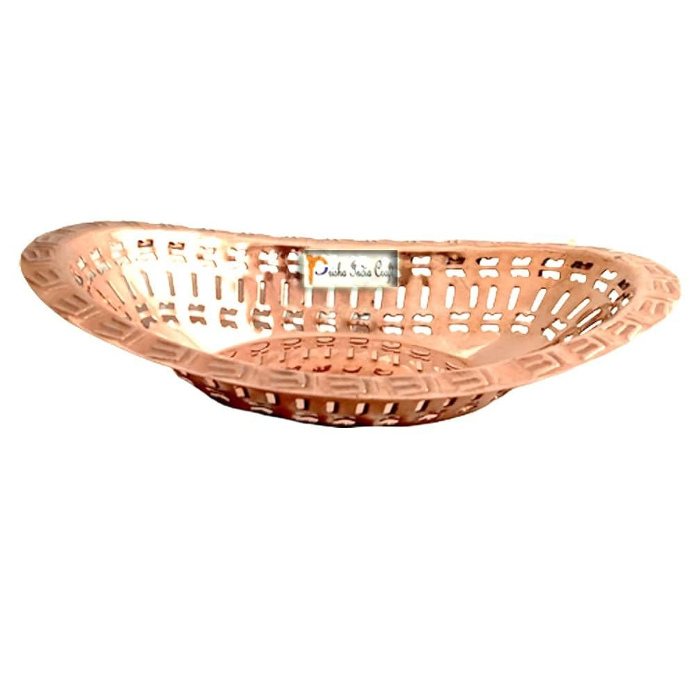 Prisha India Craft Pure Copper Amazing Design Solid Fruit Basket, Elegant and Decorative Fruits Bowl (Gold, Length 9.50 Inch).