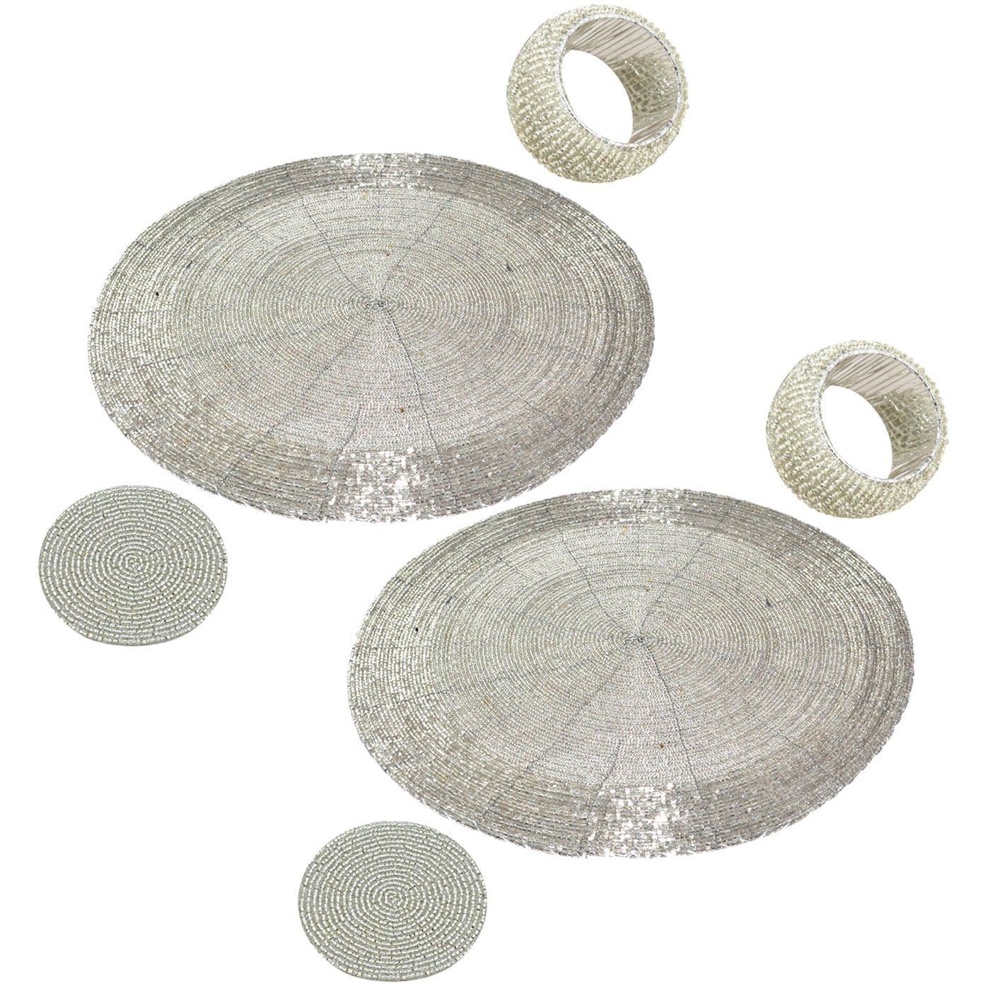Set of 2 Prisha India Craft ® Handmade Silver Round Beaded Placemat for Dining Table/Tablemat Decorative Placemat with 2 Napkin Ring and 2 Tea Cup Coaster (Dia - 12")