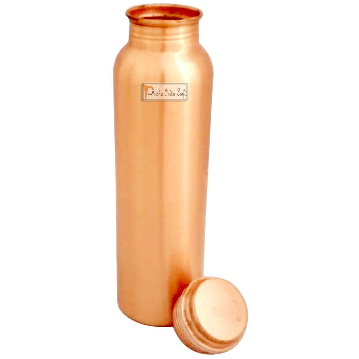 Prisha India Craft Matt Finish Lacqour Coated Anti Tarnished Joint Free New Designed Copper Bottle, Travel Essential, Drinkware, 900 ML