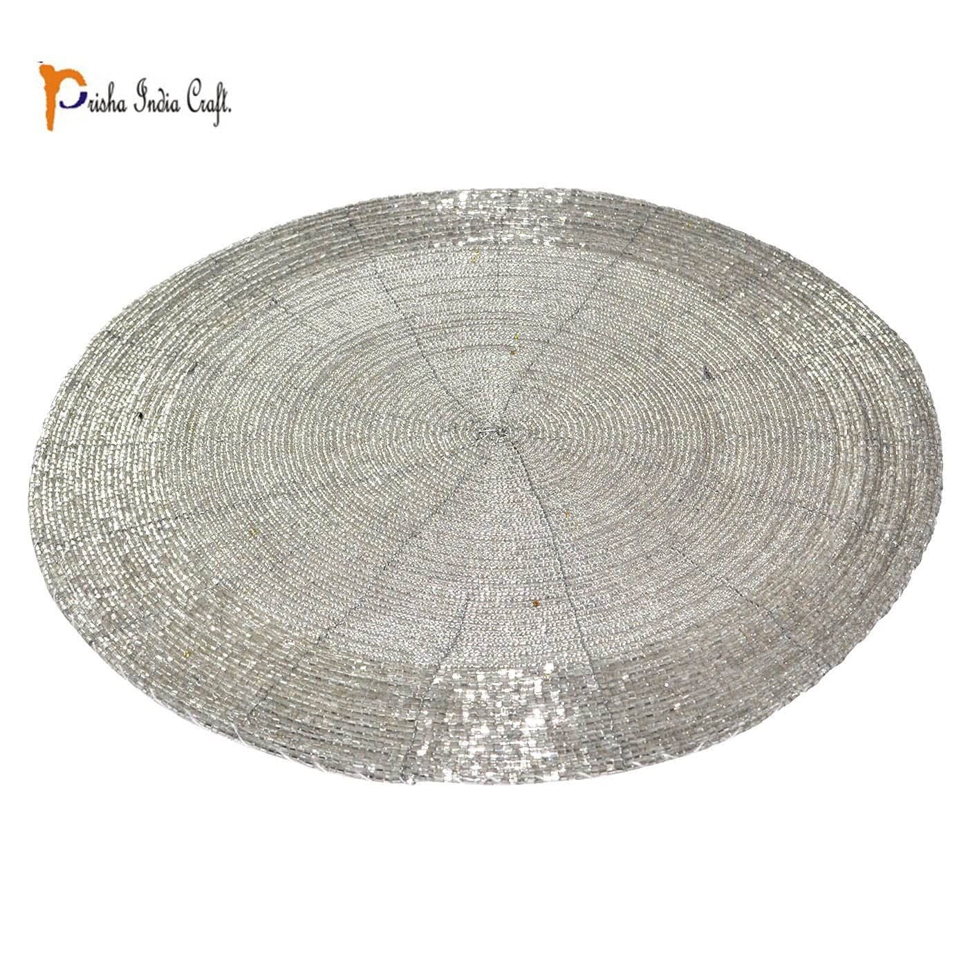 Prisha India Craft Handmade Silver Round Beaded Decorative Placemat for Dining Table - Large Coaster (Dia - 12")Set of 6