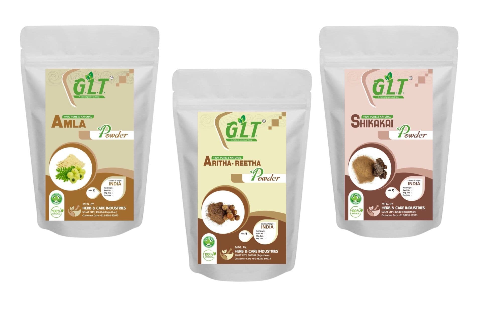 G.L.T. Amla, Reetha, Shikakai Powder 100% Pure & Natural - Combo Pack of 3 (3X100) 300gm