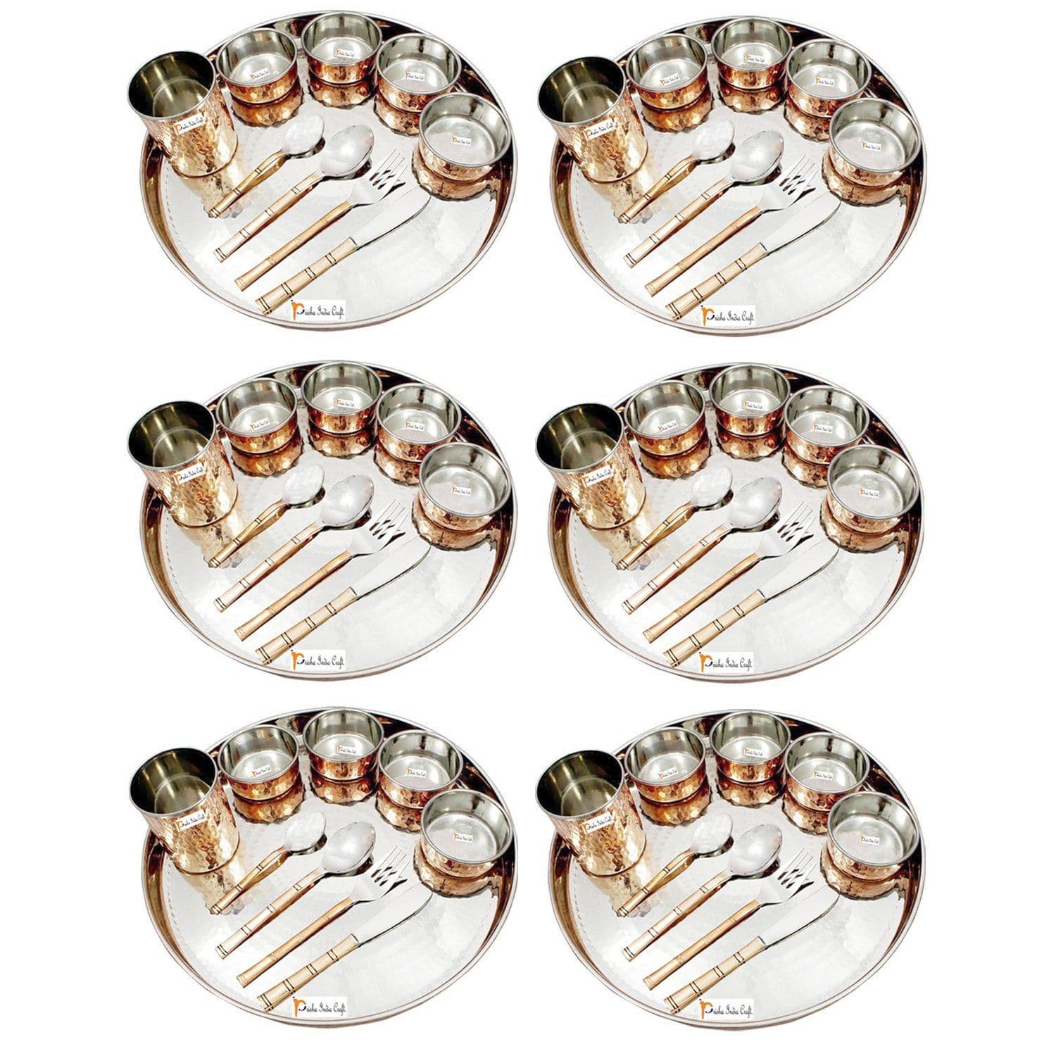 Prisha India Craft Dinnerware Stainless Steel Copper Dinner Thali Set of 6, Thali Diameter 13 Inch