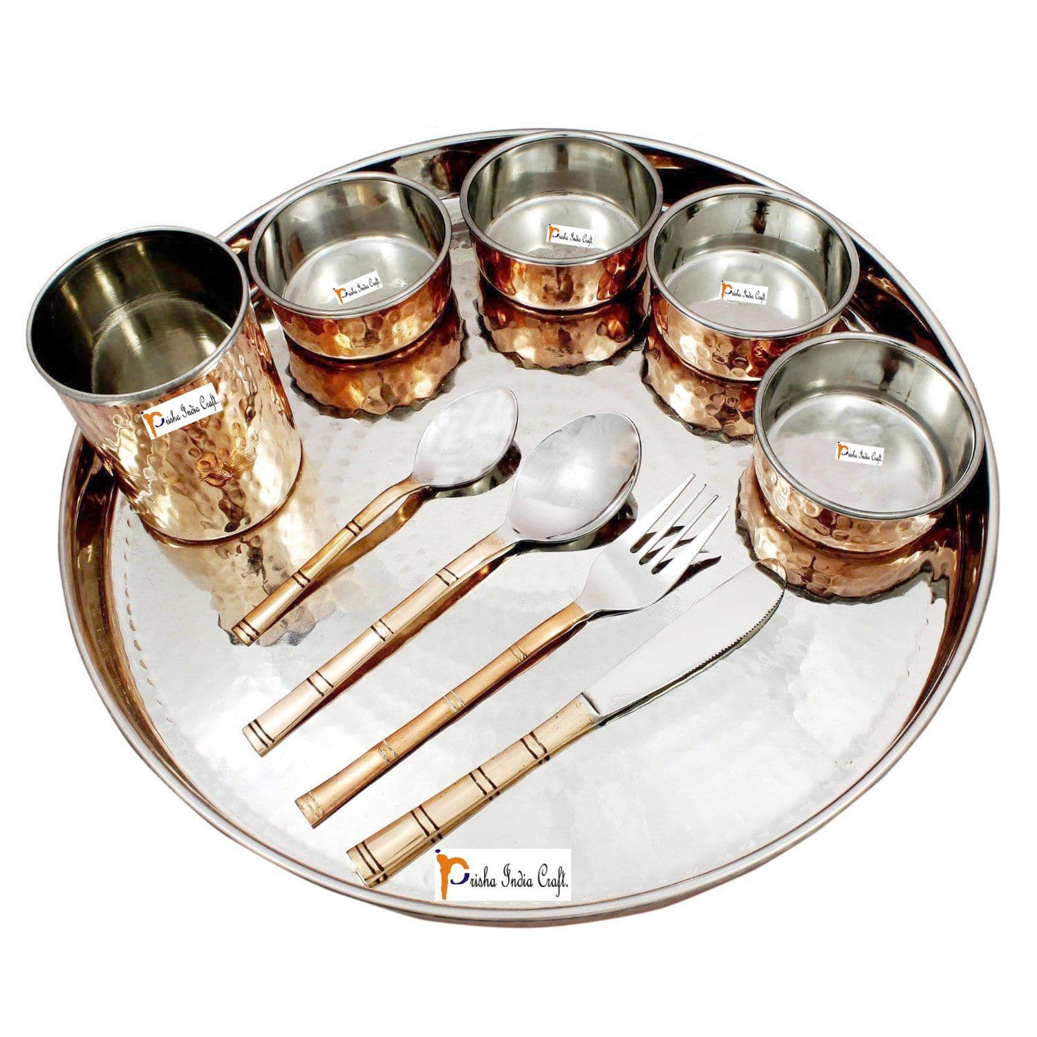 Prisha India Craft Steel Copper Traditional Thali Set, Dinner Plate, Bowls, Fork, Knife, Glass Spoon and Serving Spoon, | Thali Diameter 13.00 INCH
