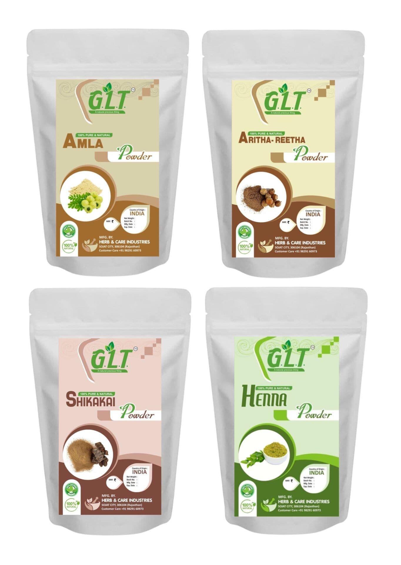 G.L.T. Henna, Amla, Aritha, Shikakai Powder For Hair (Pack of 4) 100x4 = 400gm