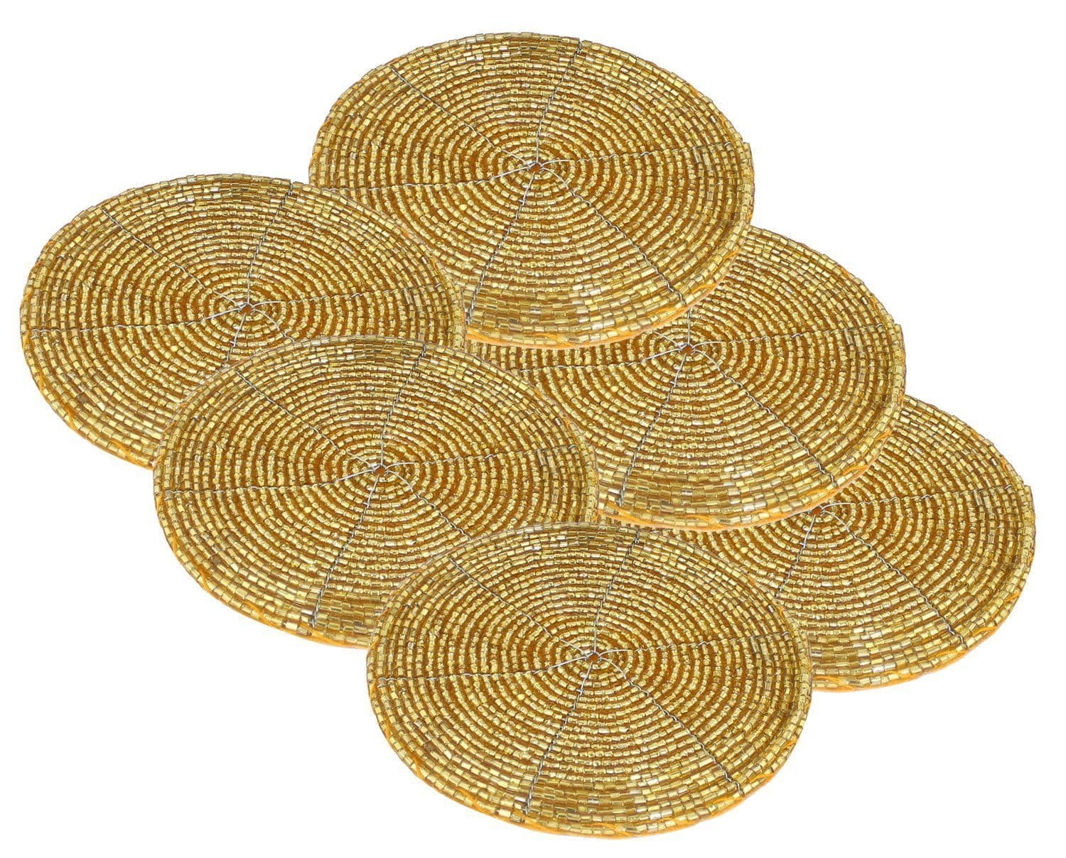 Prisha India Craft Handmade Golden Beaded Tea Coasters, 4 Inch | Set of 6