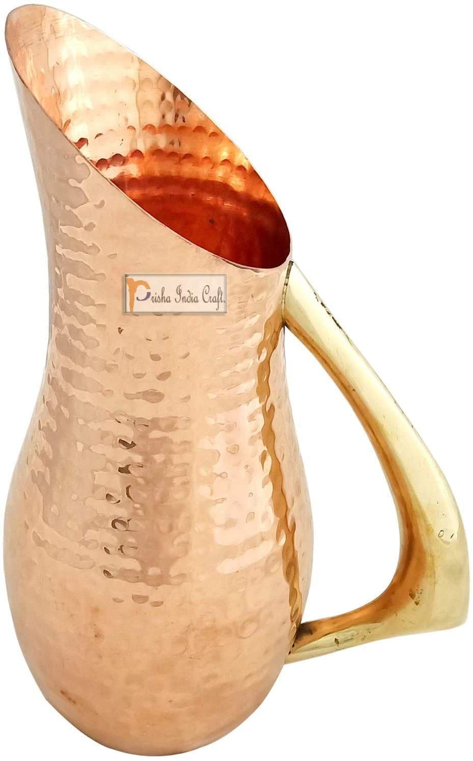 Prisha India Craft Pure Copper Jug Pitcher, Mughlai Royal Hammered Design with Brass Handle, Capacity 1200 ML (Brown)