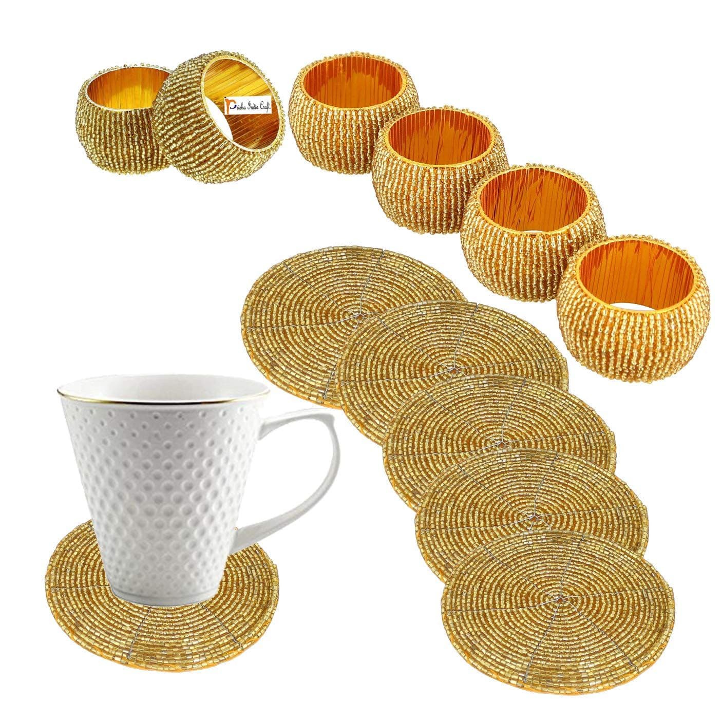 Prisha India Craft Handmade Beaded Napkin Rings Diameter 1.5" with Tea Cup Coasters Diameter - 4", Set of 6 (Golden)