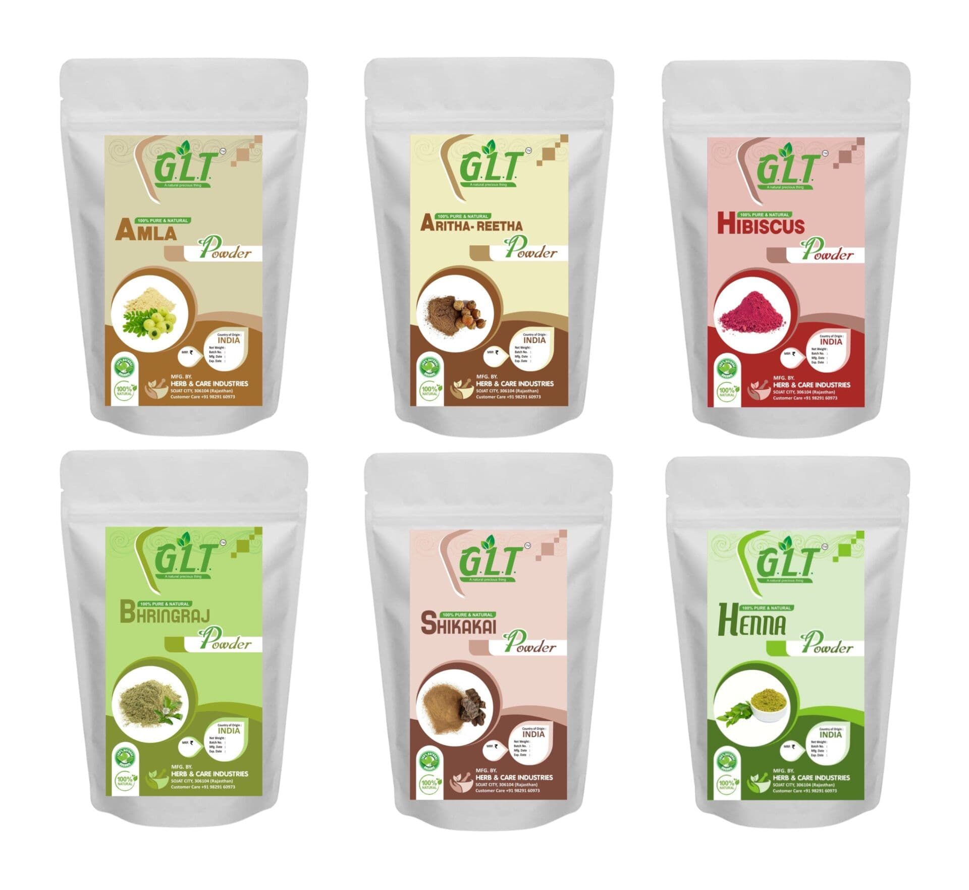 G.L.T. Amla, Reetha, Shikakai, Hibiscus, Bhringraj, Henna Powder- Combo Hair Pack of 100x6 (600gm)