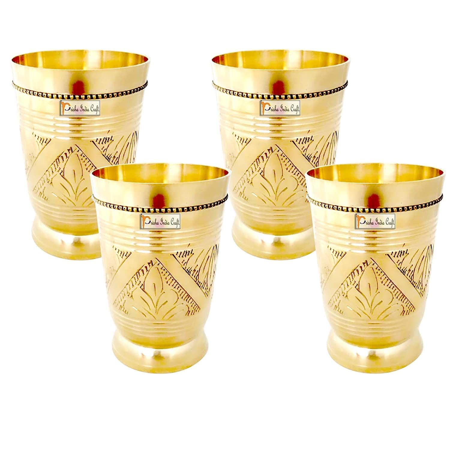Prisha India Craft Pure Brass Mughlai Style Embossed Design Glass Tumbler | Drinkware &amp; Serveware | Capacity 250 ML | Set of 4