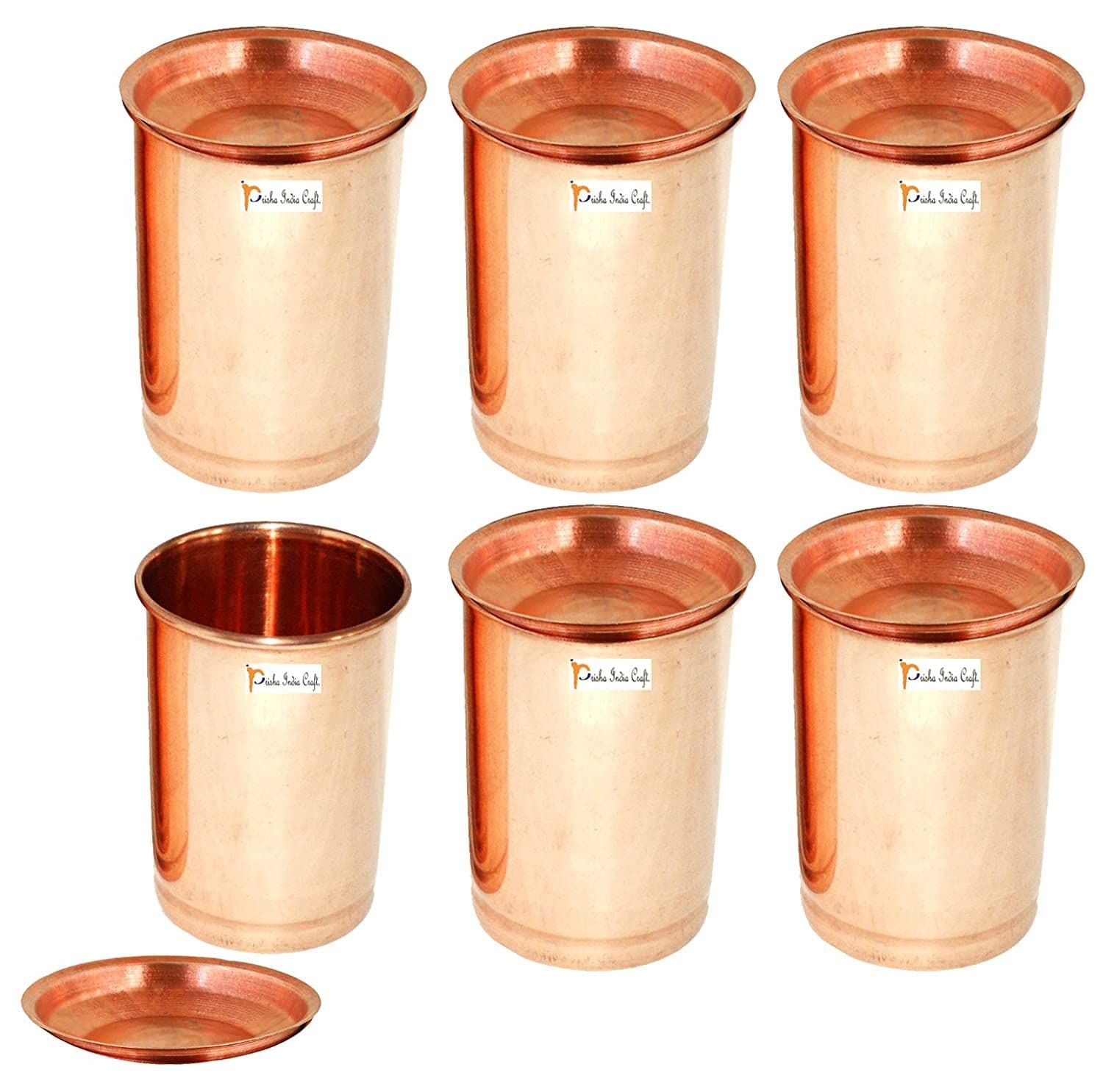 Prisha India Craft Pure Copper Glass Tumbler, 320 ML, Set of 6
