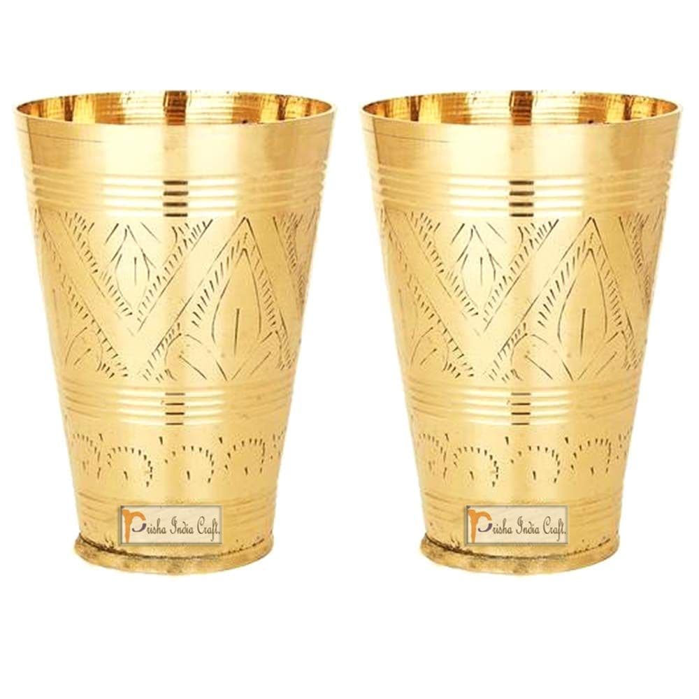 Prisha India Craft Pure Brass Mughlai Style Embossed Designer Glass Tumblers | Drinkware &amp; Serveware | Capacity 250 ML | Set of 2