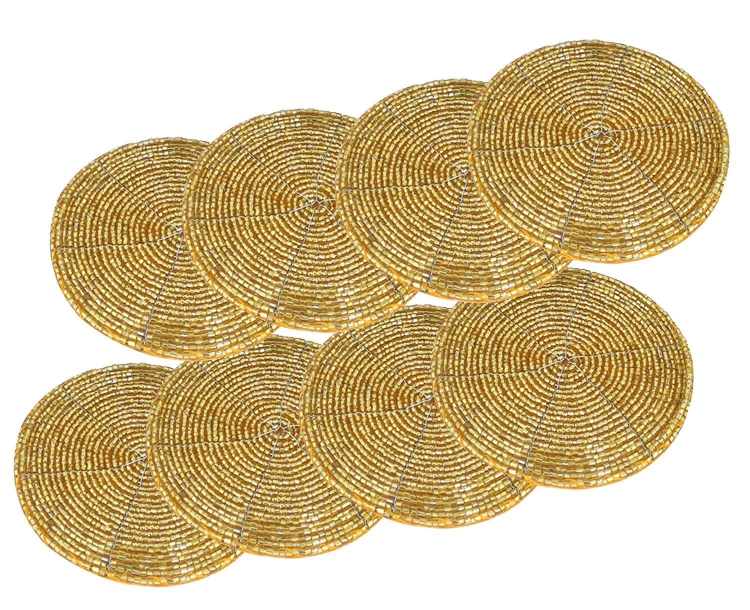 Prisha India Craft Handmade Golden Beaded Tea Coasters, 4 Inch | Set of 8