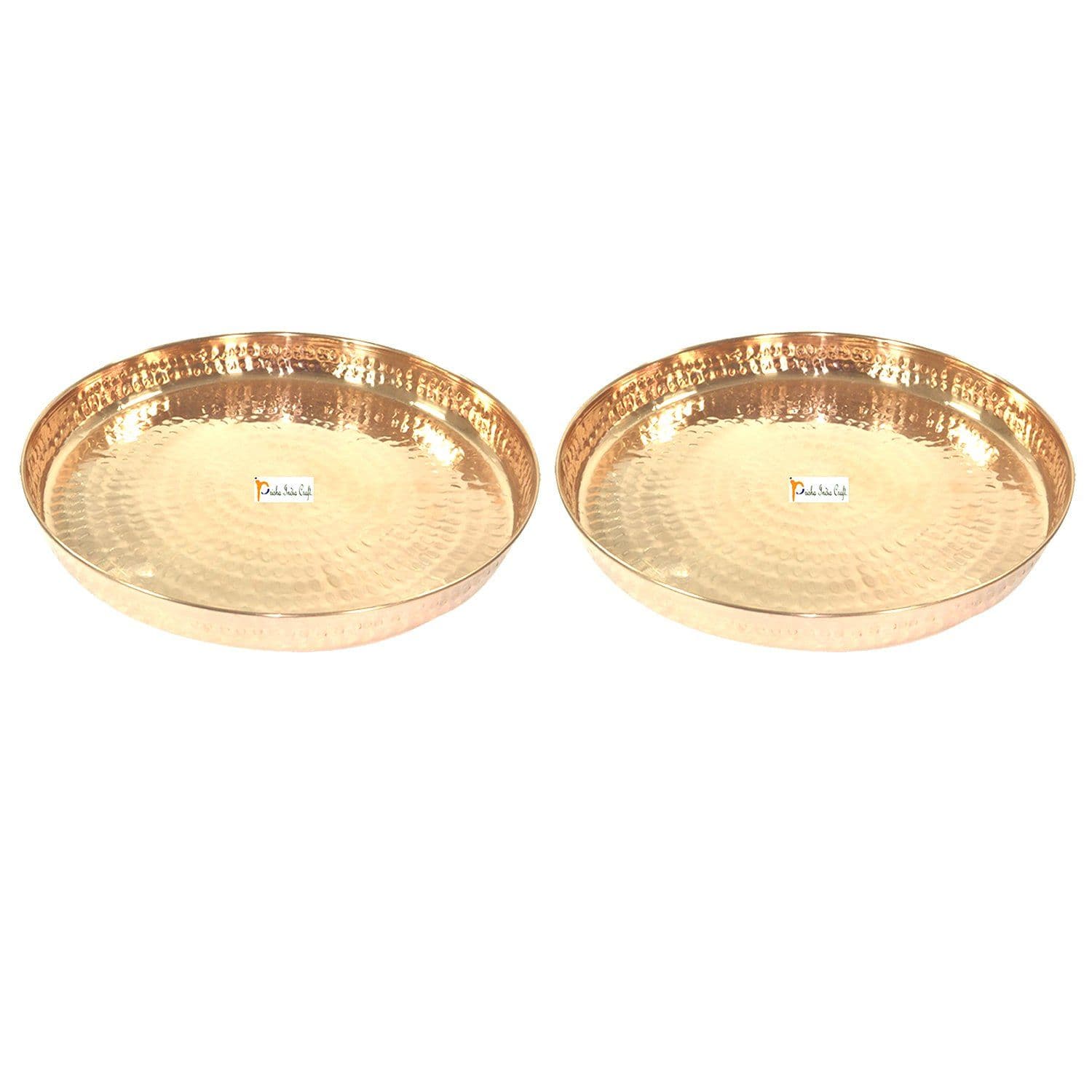 Prisha India Craft Pure Copper Hammered Dinner Thali Plate, Serveware &amp; Dinnerware | Diameter 12" Inch | Set of 2