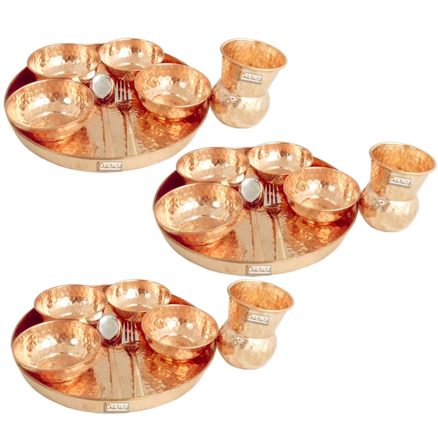 Prisha India Craft Traditional Dinner Set of 3 Dinnerware 100% Pure Copper Thali Set Diameter 12" (3 Dinner Plates, 3 Spoons, 3 Forks, 3 Tumblers, 12 Serving Bowls)