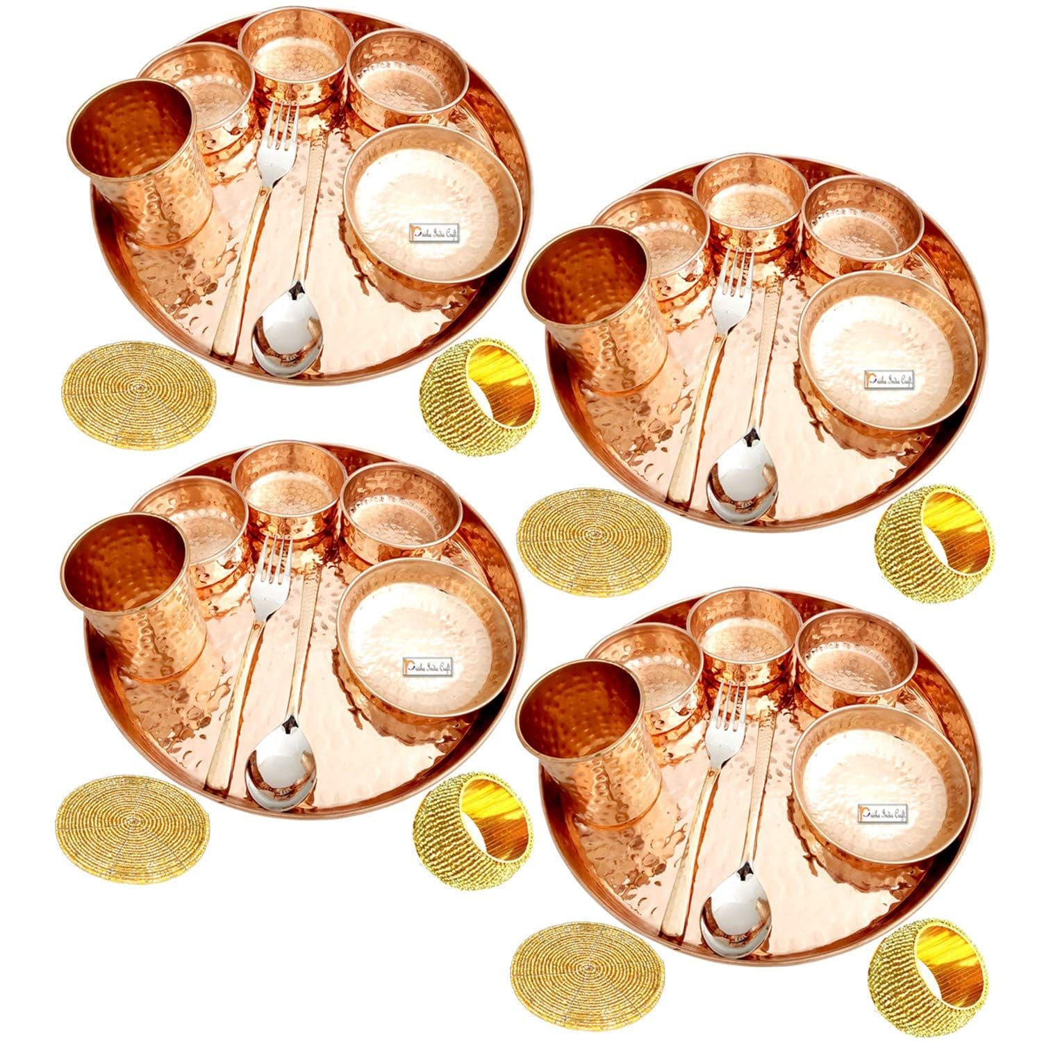 Prisha India Craft Hammered Pure Copper Dinner Thali Set, 32 Pieces, Service for 4