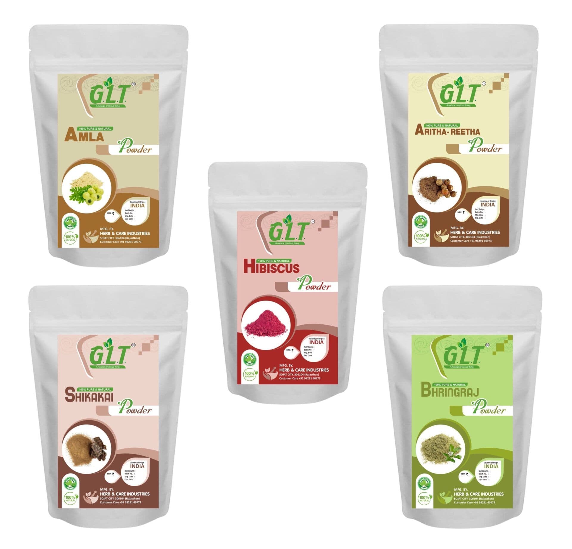 G.L.T. Amla, Reetha, Shikakai, Hibiscus, Bhringraj Powder - Combo Pack of 100x5 (500gm)