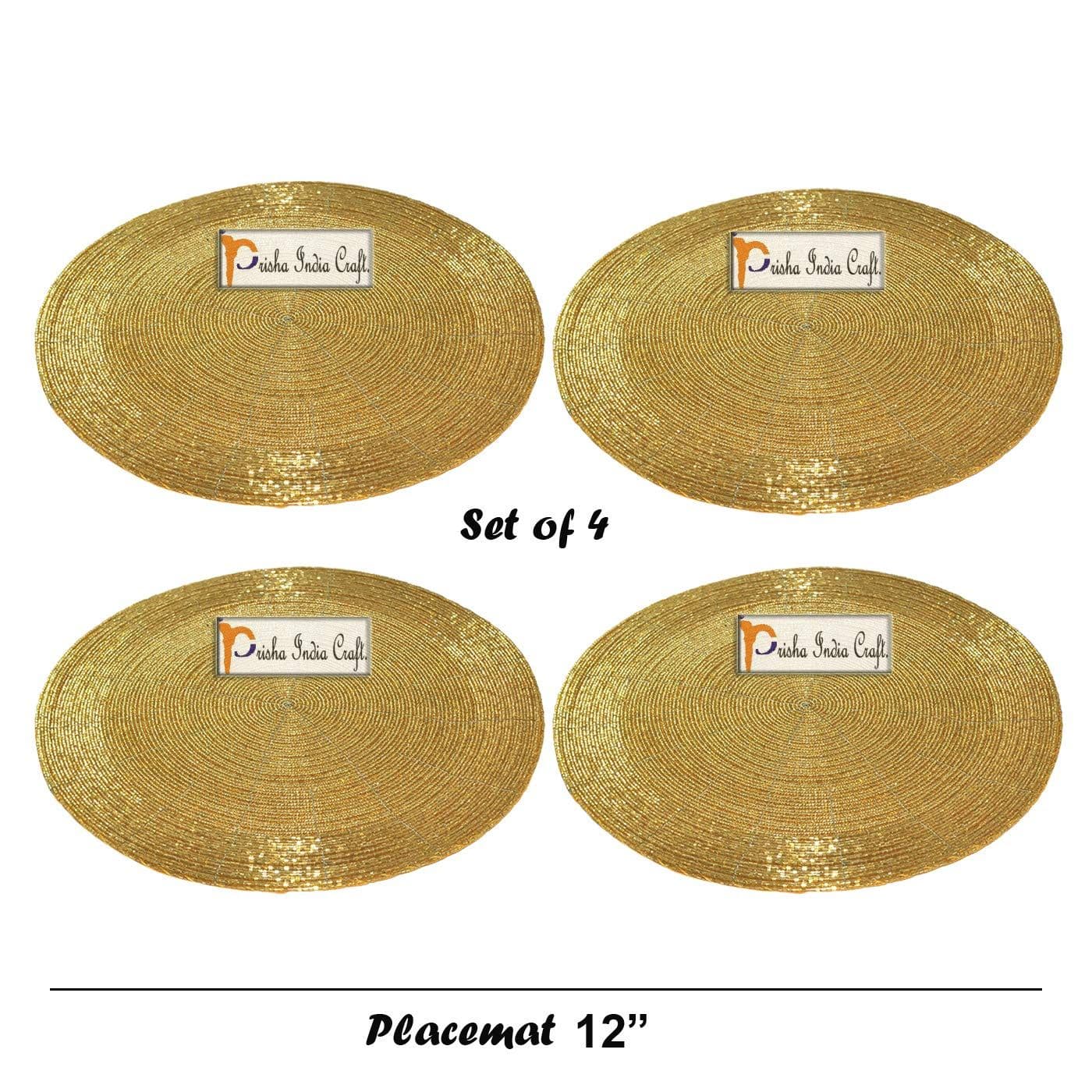 Prisha India Craft ® SET OF 4 Handmade Golden Round Beaded Placemat for Dining Table / Tablemat Decorative Placemat - large coaster Perfect for Dinner Table, Dining Table Placemats ( Dia - 12")