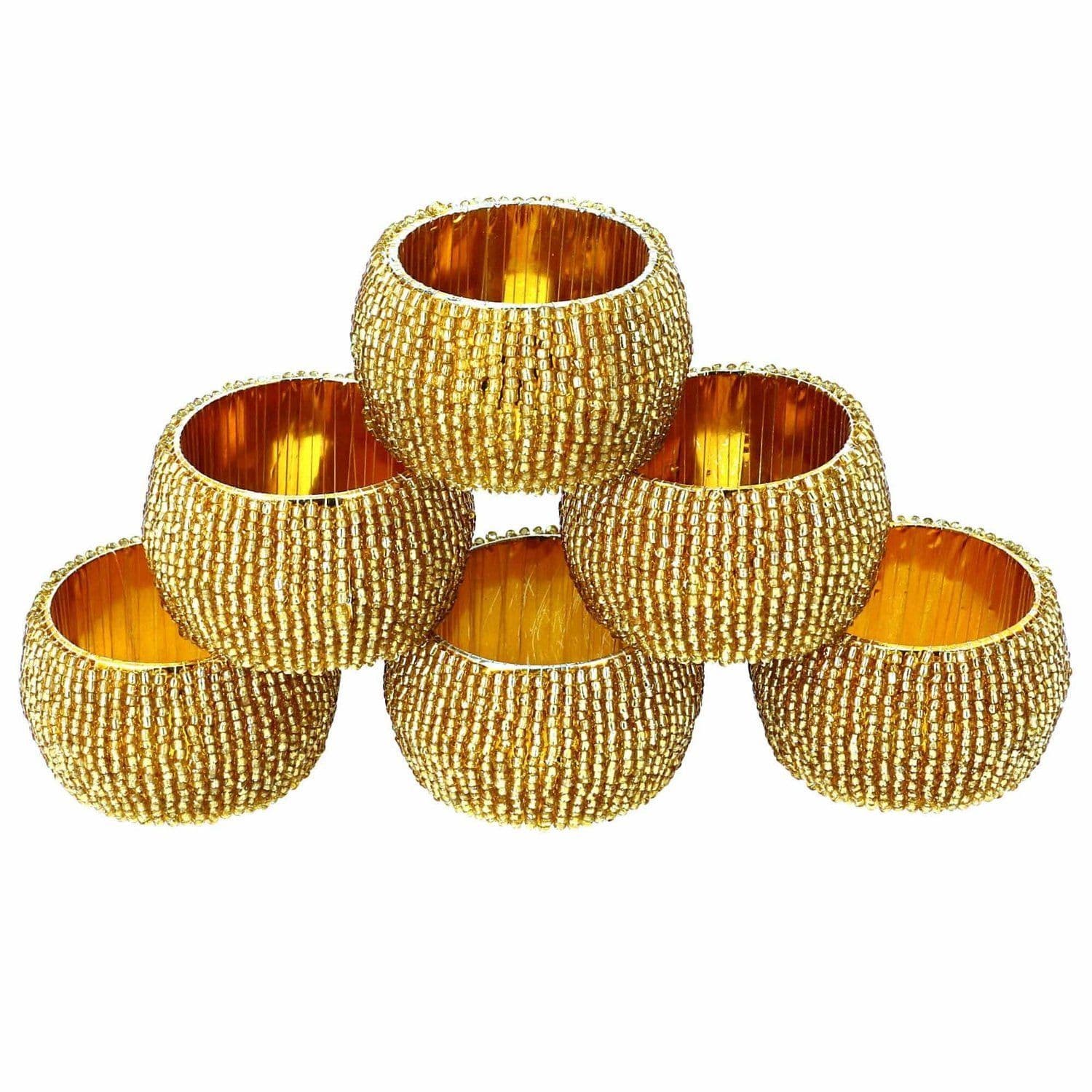 Prisha India Craft ® Beaded Napkin Rings Set of 6 Golden Decorations Christmas Ornaments, Perfect for Dinners, Parties, Weddings - Artisan Crafted in India - Gift Item