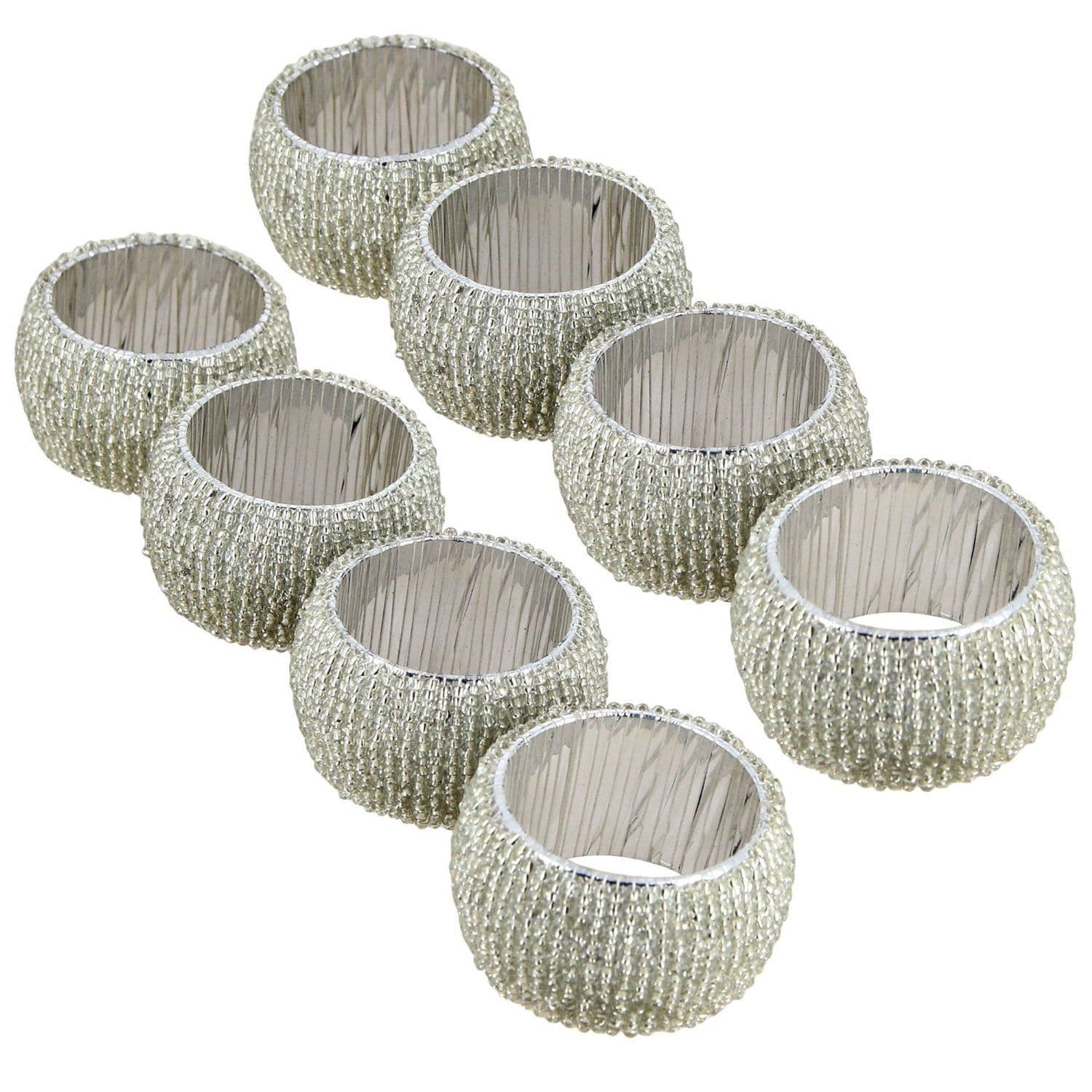 Prisha India Craft ® Beaded Napkin Rings Set of 8 Silver Decorations Christmas Ornaments, Perfect for Dinners, Parties, Weddings - Artisan Crafted in India - Gift Item