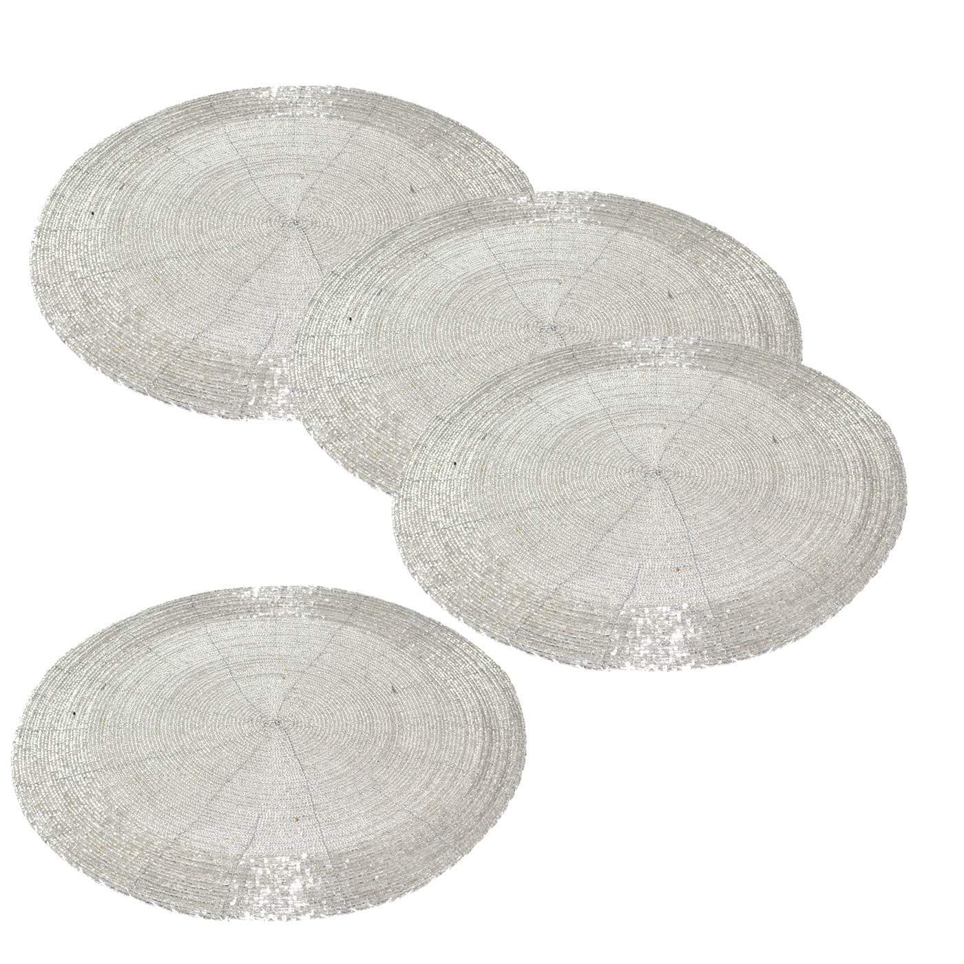 Prisha India Craft ® SET OF 4 Handmade Silver Round Beaded Placemat for Dining Table / Tablemat Decorative Placemat - large coaster Perfect for Dinner Table, Dining Table Placemats ( Dia - 12")