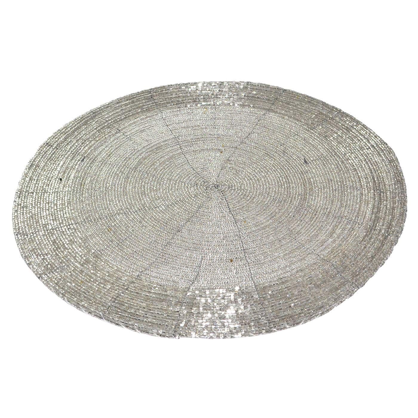 Prisha India Craft Set of 2 Handmade Silver Round Beaded Placemat for Dining Table/Tablemat Decorative Placemat - Large Coaster Perfect for Dinner Table, Dining Table Placemats (Dia - 12")