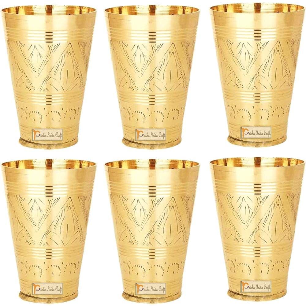 Prisha India Craft Pure Brass Mughlai Style Embossed Designer Glass Tumblers | Drinkware &amp; Serveware | Capacity 250 ML | Set of 6