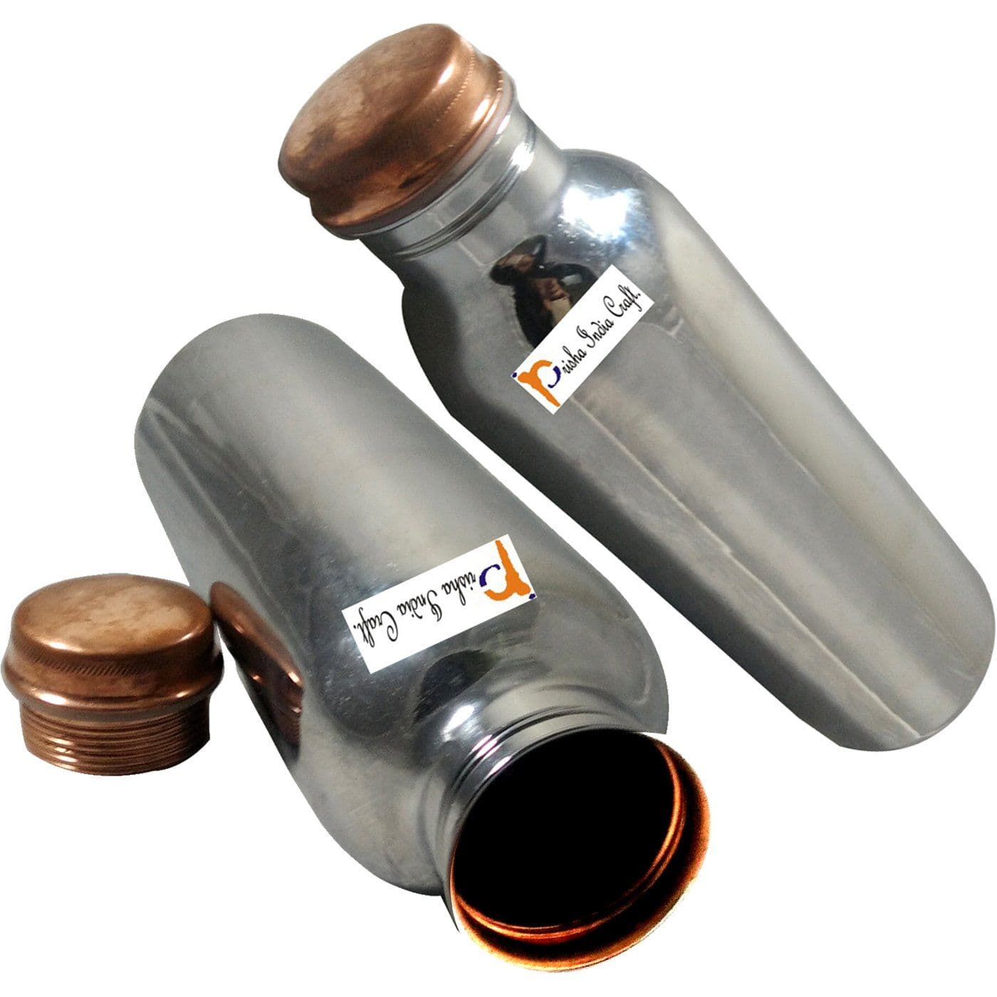 Prisha India Craft 800 ML - Copper Water Bottle Outside Steel Inside Copper - Set of 2