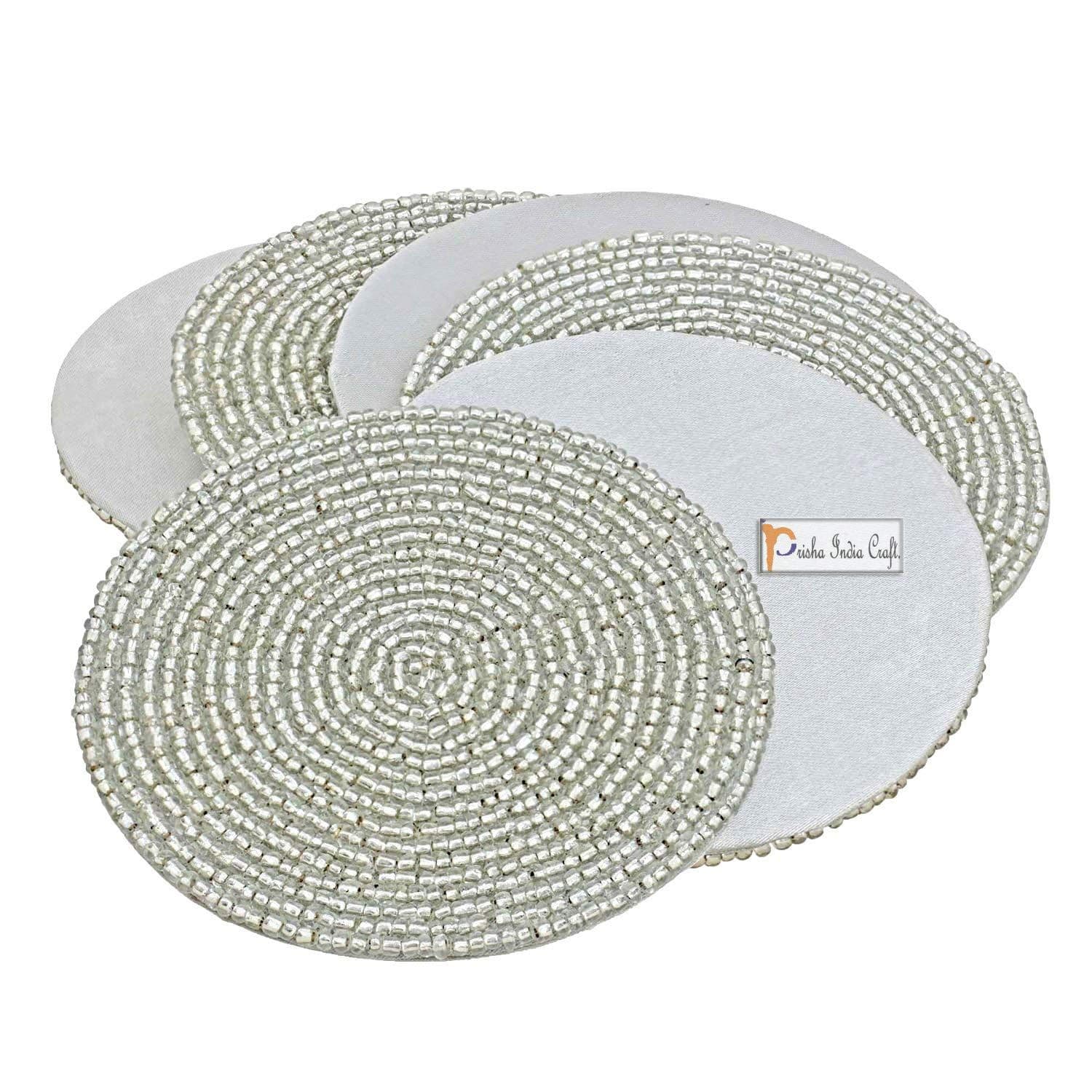 Prisha India Craft Silver Beaded Round Coffee Tea Coaster, 4 Inch, Set of 6