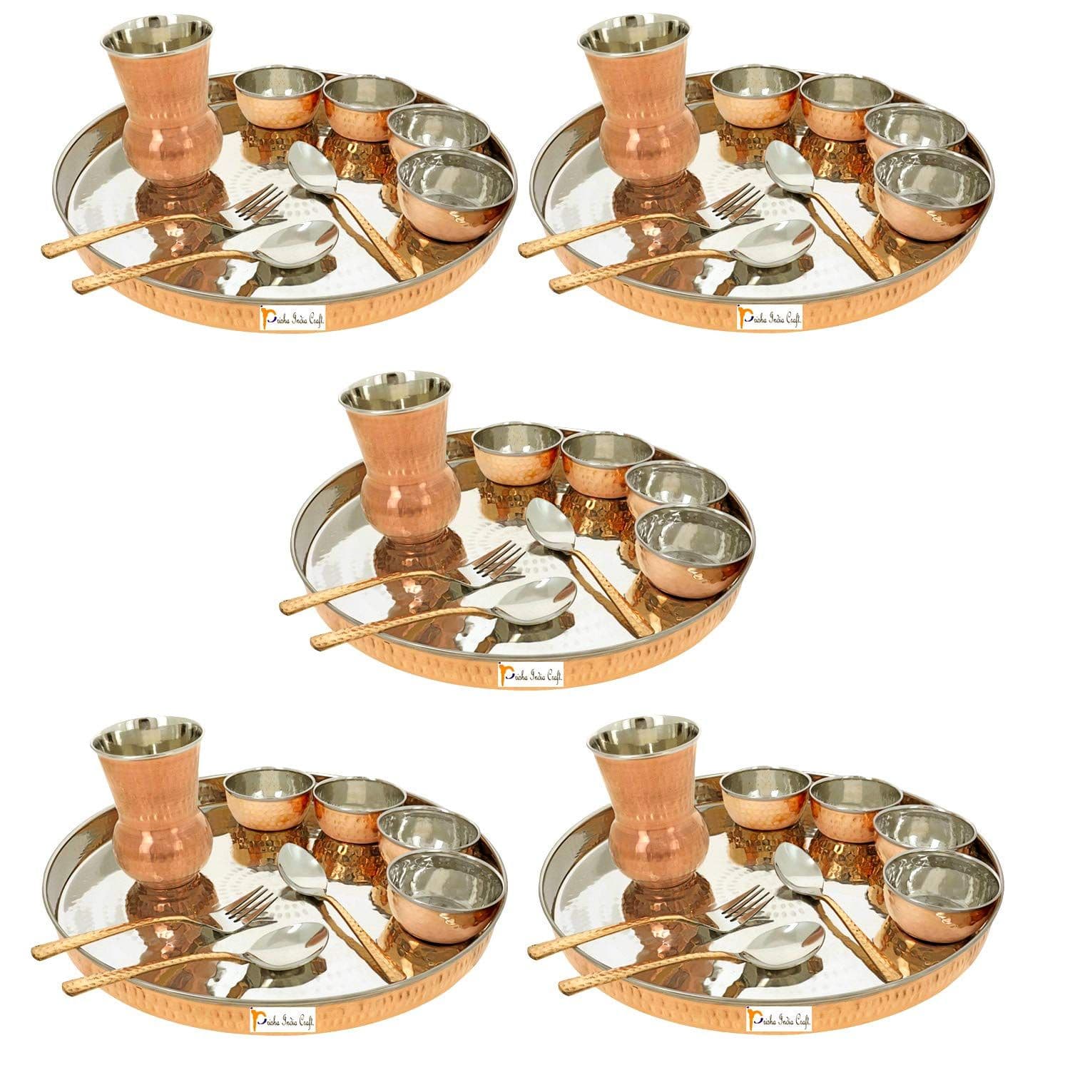 Prisha India Craft Copper Stainless Steel Large Dinner Plate Thali Set Dinnerware - Copper Dinner Set Online India - 5 Thali Set
