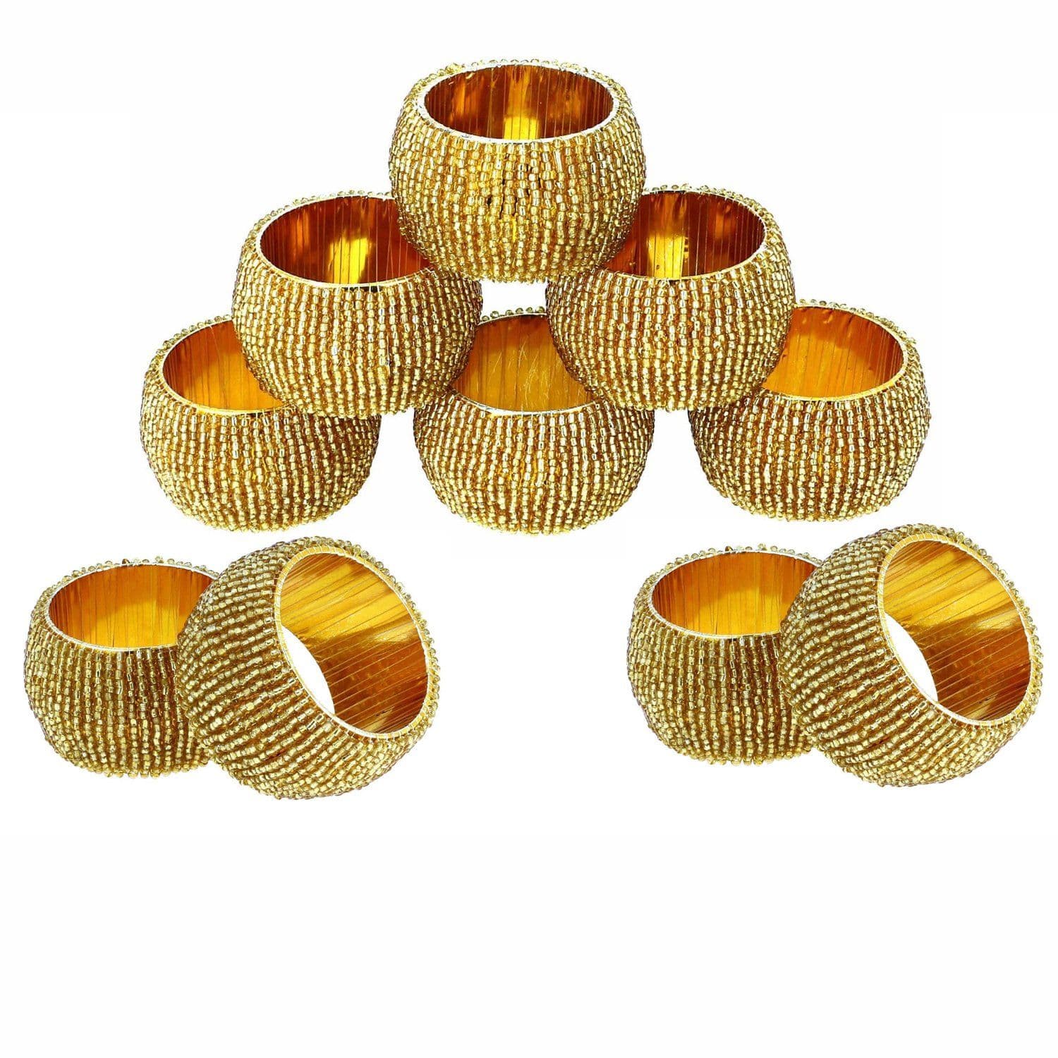 Prisha India Craft ® Beaded Napkin Rings Set of 10 Golden Decorations Christmas Ornaments, Perfect for Dinners, Parties, Weddings - Artisan Crafted in India - Gift Item