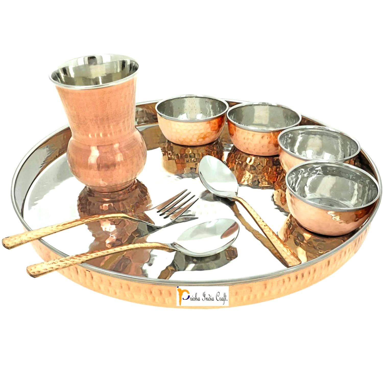 Prisha India Craft Dinnerware Copper Traditional Dinner Set of Thali Plate, Bowls, Fork, Glass Spoon and Serving Spoon, Diameter 13 Inch - Diwali Gifts Items - Stainless Steel Copperware Thali Set