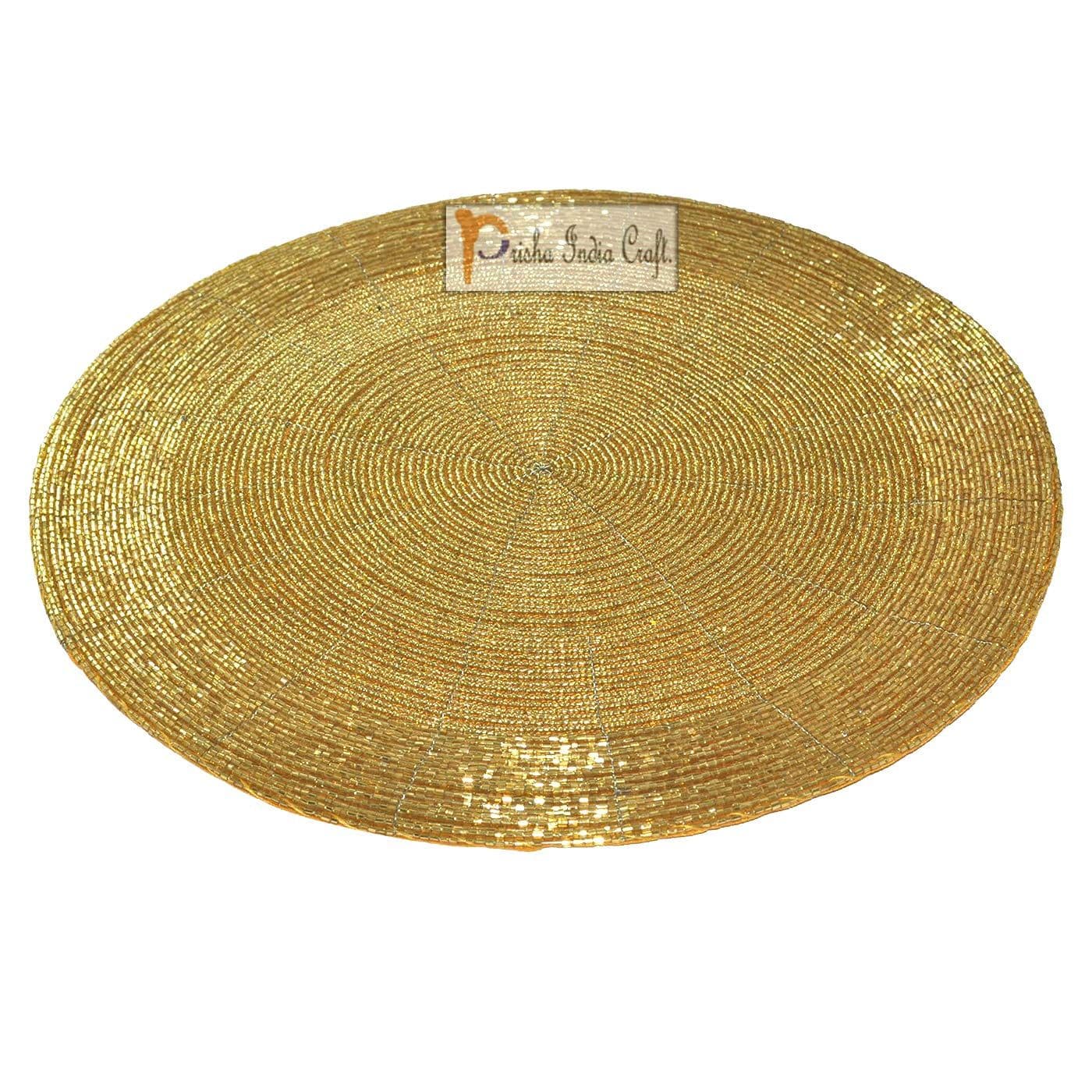 Prisha India Craft ® SET OF 6 Handmade Golden Round Beaded Placemat for Dining Table / Tablemat Decorative Placemat - large coaster Perfect for Dinner Table, Dining Table Placemats ( Dia - 12")