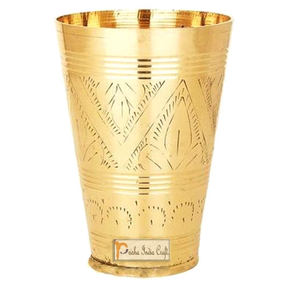Prisha India Craft Pure Brass Mughlai Style Embossed Designer Glass Tumbler | Drinkware &amp; Serveware | Capacity 250 ML