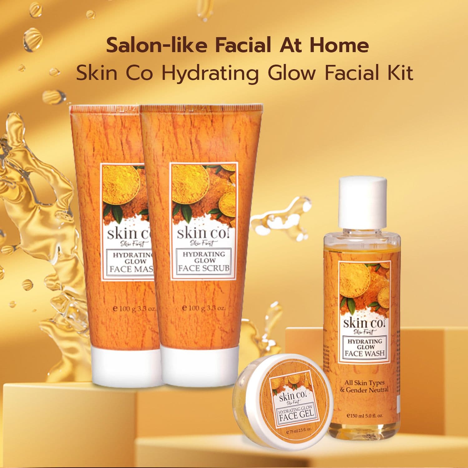Skin Co Hydrating Glow Organic Turmeric Facial Kit For Brightens and Reduces Skin Dullness | Suitable For All Skin Type |  Set of 4 Combo Pack | 25 Salon Like Facials At Home