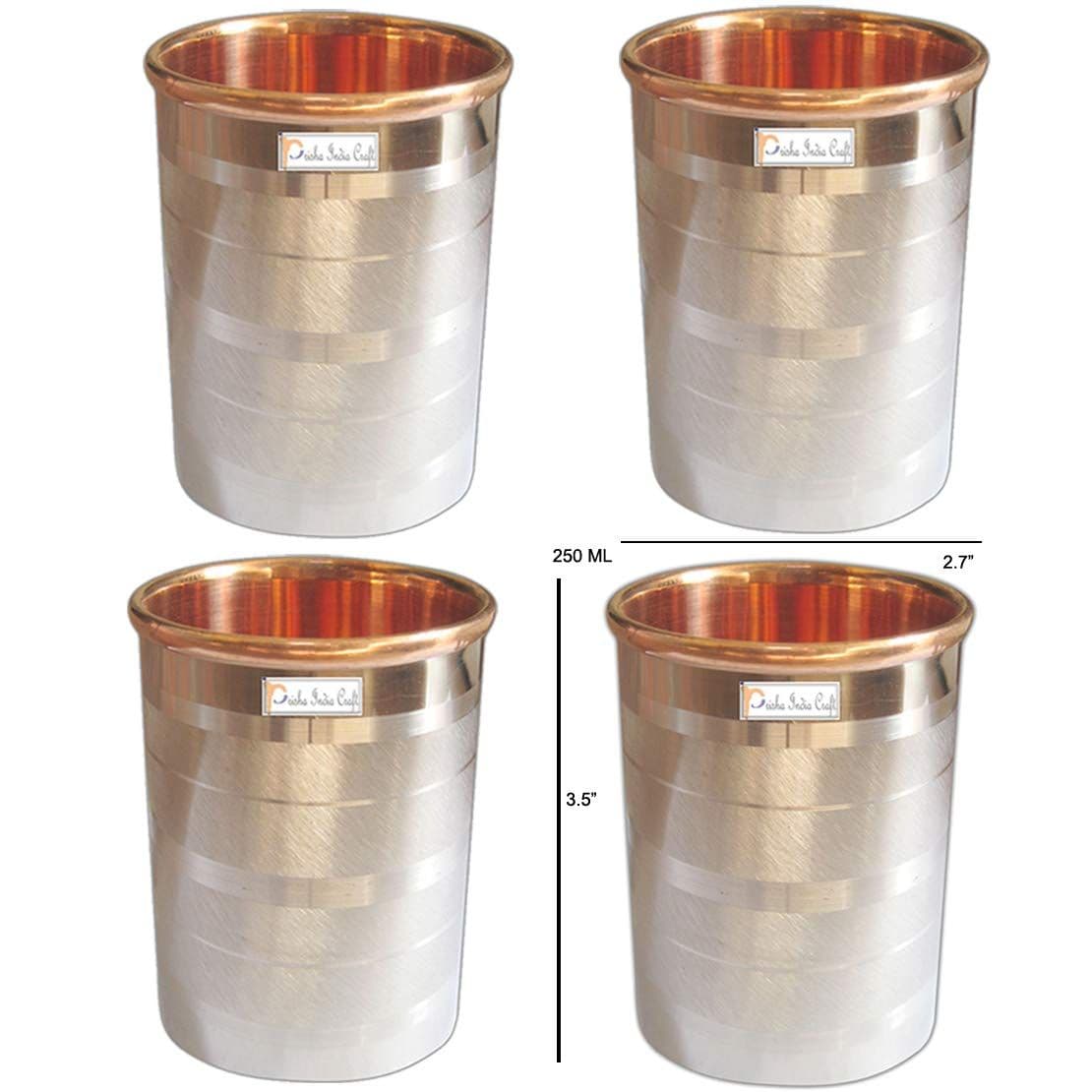 Prisha India Craft Luxury Design Steel Copper Glass Tumbler, Drinkware &amp; Serveware Set, Capacity 250 ML, Set of 4