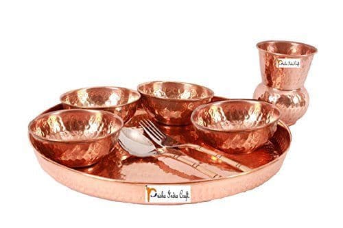 Prisha India Craft Traditional Dinner Set Dinnerware 100% Pure Copperware Thali Set Diameter 12" (1 Thali, 1 Spoons,1Fork, 1 Tumblers, 4 Serving Bowls)