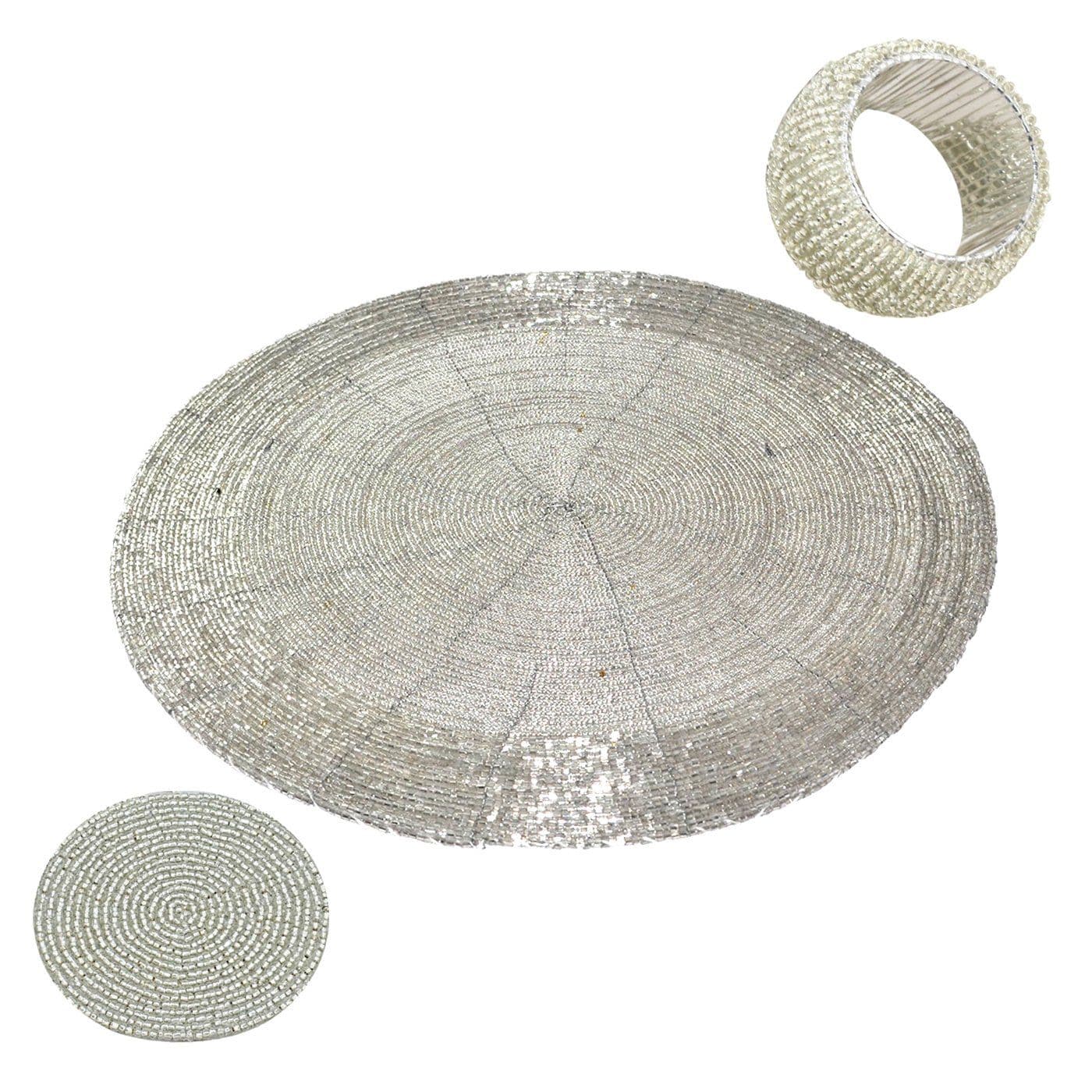 Prisha India Craft ® Handmade Silver Round Beaded Placemat for Dining Table/Tablemat Decorative Placemat with 1 Napkin Ring and 1 Tea Cup Coaster (Dia - 12")