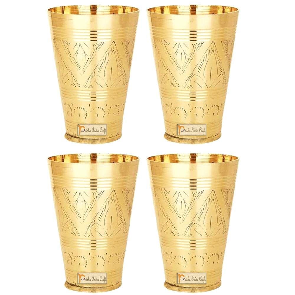 Prisha India Craft Pure Brass Mughlai Style Embossed Designer Glass Tumblers | Drinkware &amp; Serveware | Capacity 250 ML | Set of 4