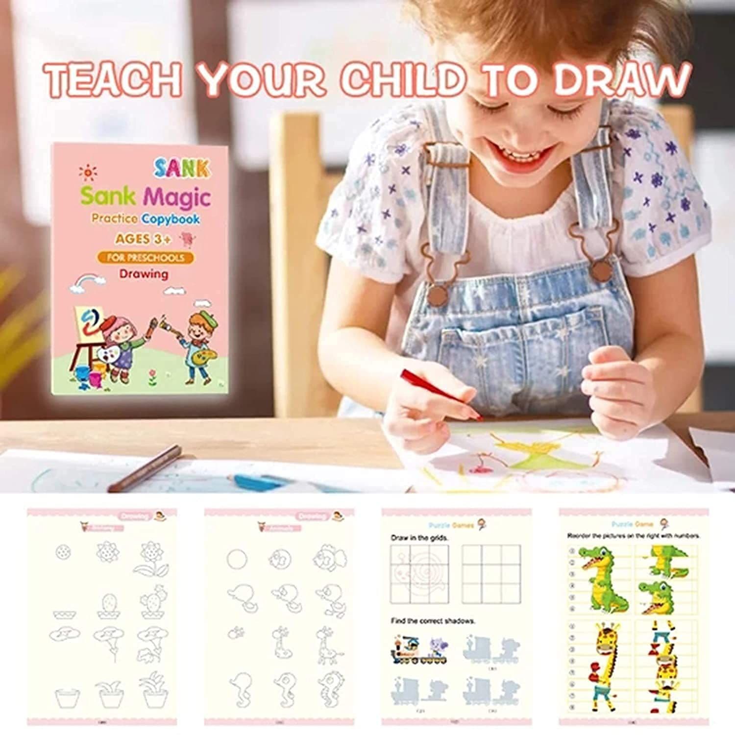 Sank Magic Practice Copybook, (4 BOOK + 10 REFILL+ 1 pen + 1 grip) Number Tracing Book for Preschoolers with Pen, Magic Calligraphy Copybook Set Practical Reusable Writing Tool Simple Hand Lettering