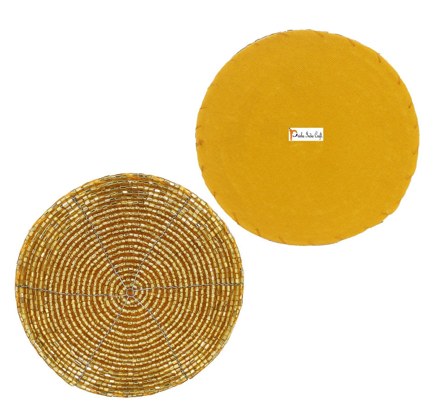 Prisha India Craft ® Set of 10 Handmade Gold Beaded Tea Coasters - 4 Inches Placemats for Tea Cups - Set of Drink Coaster Absorbent