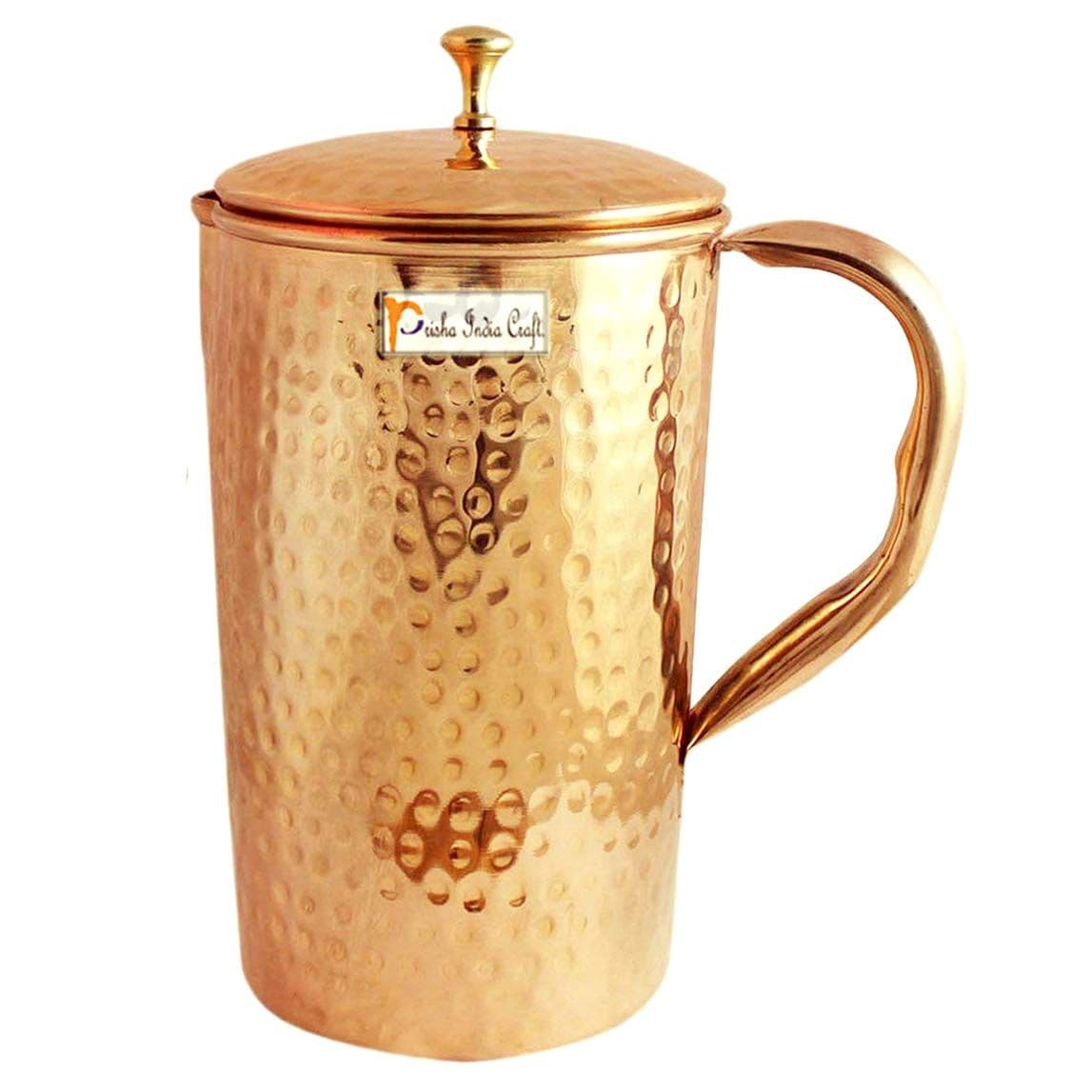 Prisha India Craft Pure Copper Jug Pitcher, Hammered Design, Capacity 1600 ML