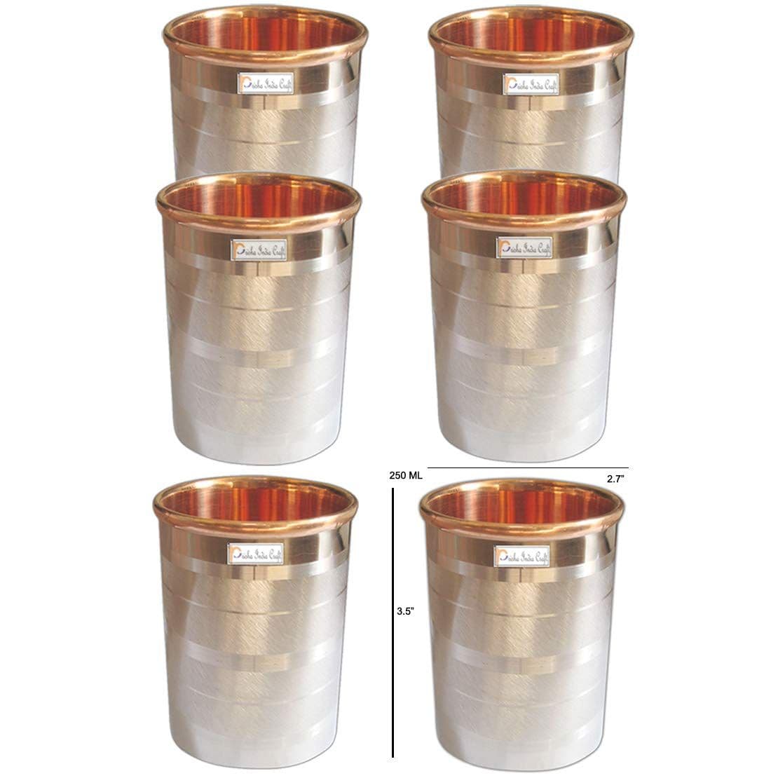 Prisha India Craft Luxury Design Steel Copper Glass Tumbler, Drinkware &amp; Serveware Set, Capacity 250 ML, Set of 6