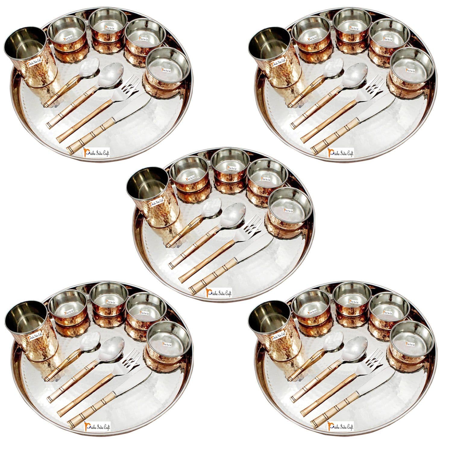 Prisha India Craft Steel Copper Dinner Thali Set, Dinnerware Set, Set of 5 Dinner Set, Silver
