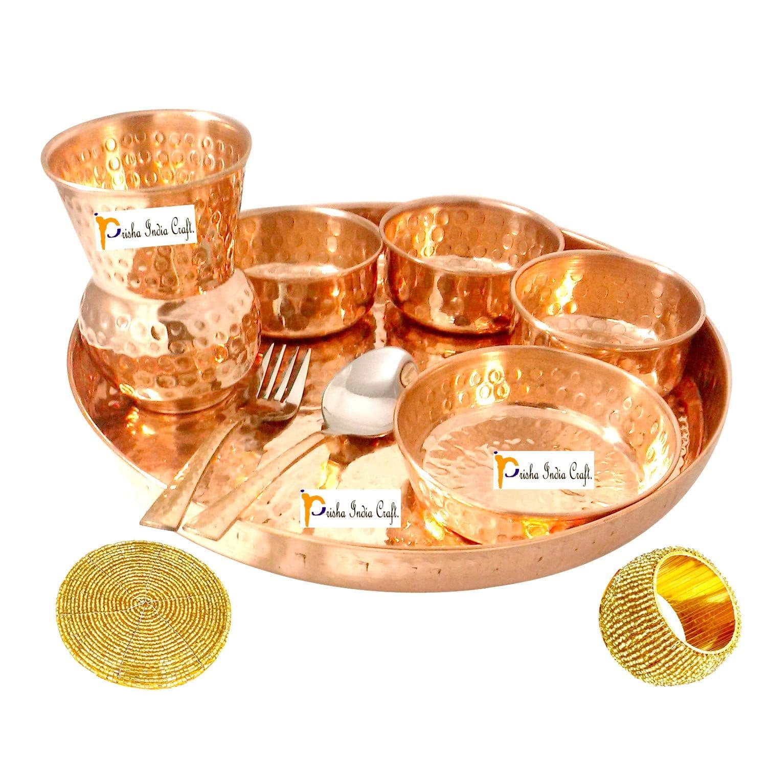 Prisha India Craft Pure Copper Dinner Thali Set, Serveware &amp; Dinnerware, 10 Pieces, Service for 1