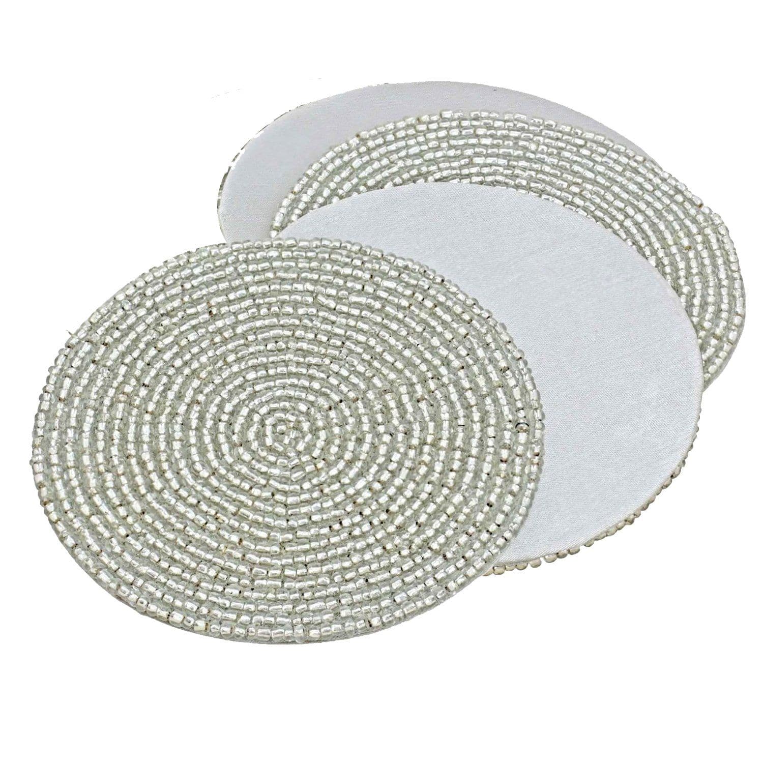 Prisha India Craft Handmade Beaded Silver Tea Coaster, Diameter 4 Inch, Set of 4